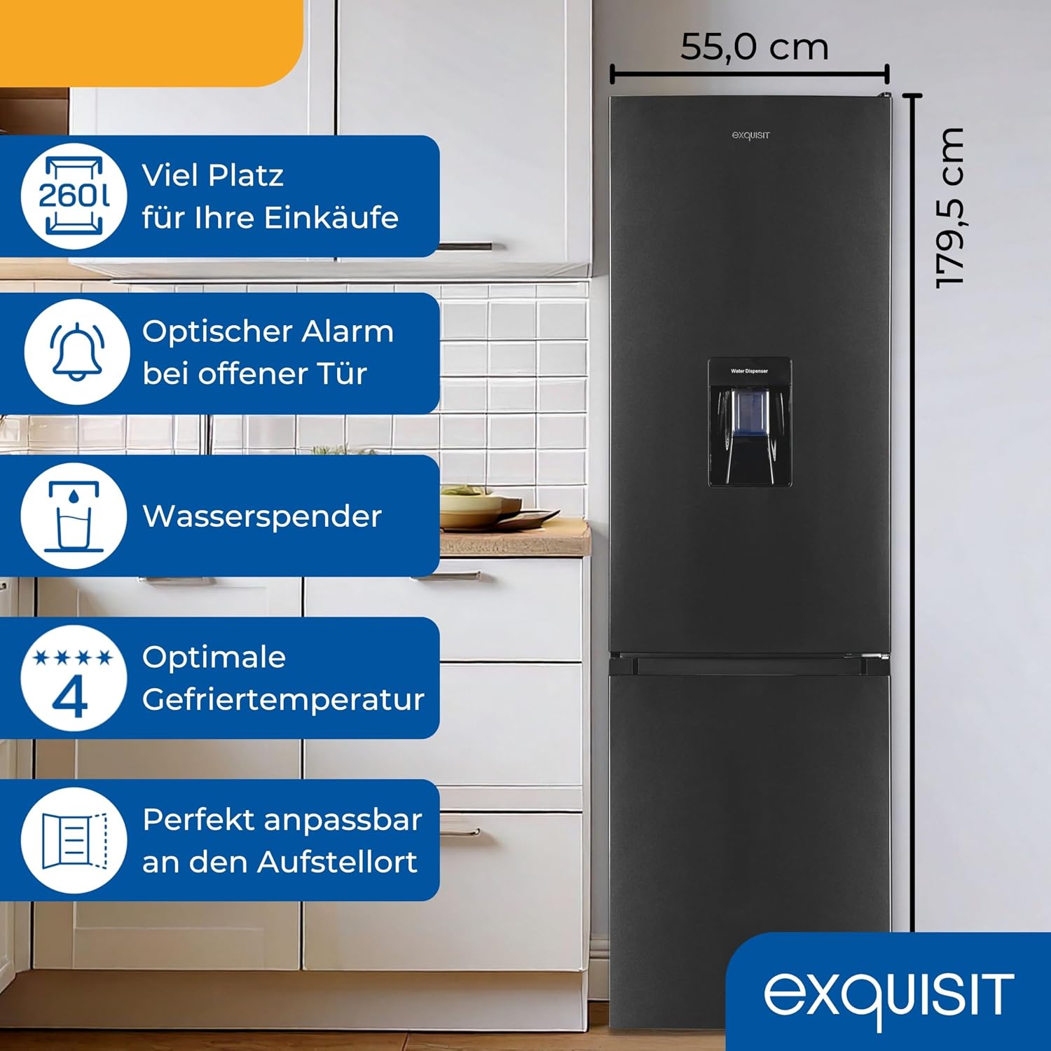 Exquisit Kühl-Gefrierkombination | 260 l Nutzinhalt, Energieklasse D, 40 dB(A) | Wasserspender mit Tank, elektronische Temperaturregelung, LED-Beleuchtung | KGC5265-70-WS-040D inoxlook-az