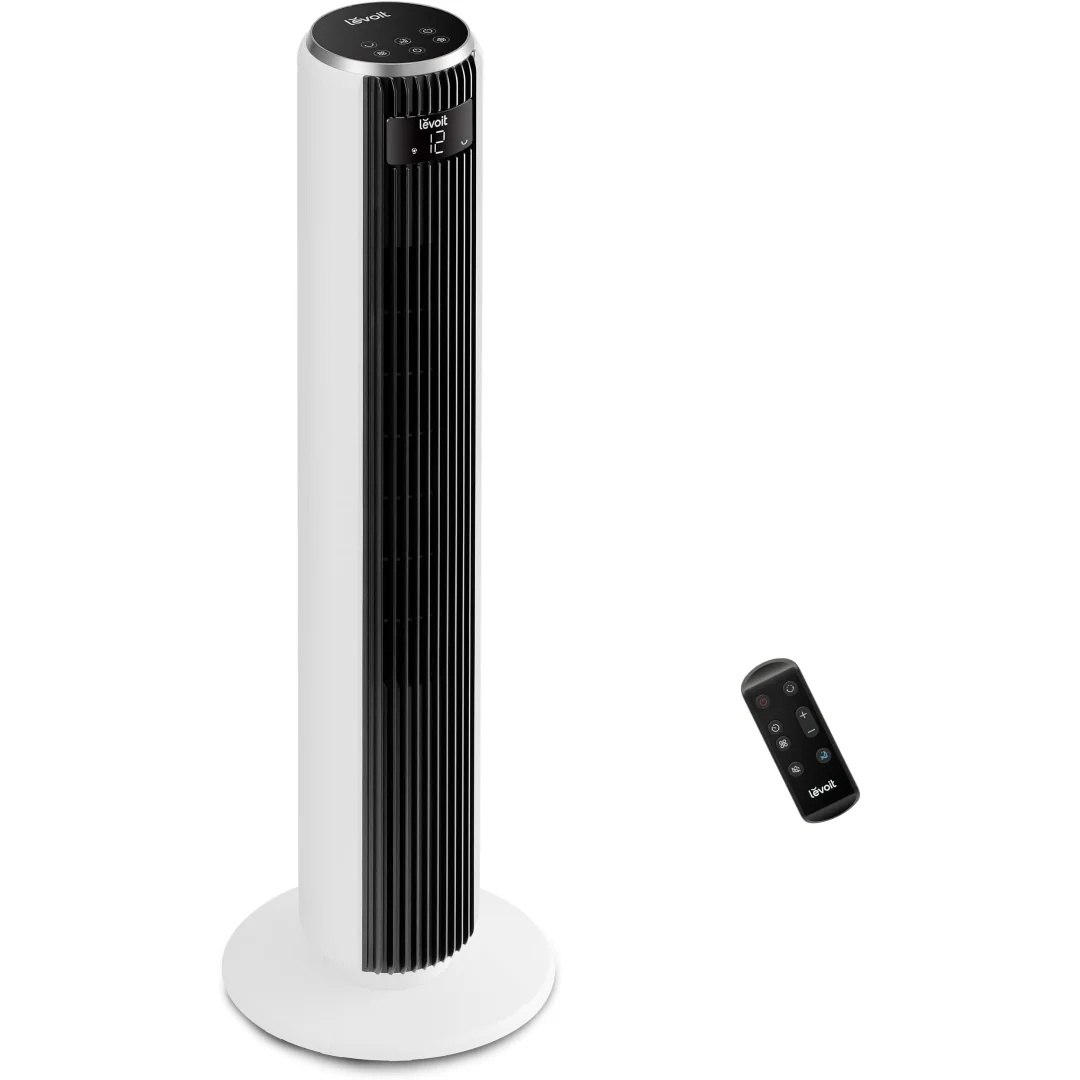 Ventilador de Torre LEVOIT 20dB con Control Remoto, 7.9 m/s con Motor DC, Ventilador Silencioso de 26W con Modo Sueño, 4 Modos y 12 Velocidades, Temporizador de 12H, Pantalla LED, Oscilación de 90°, Blanco