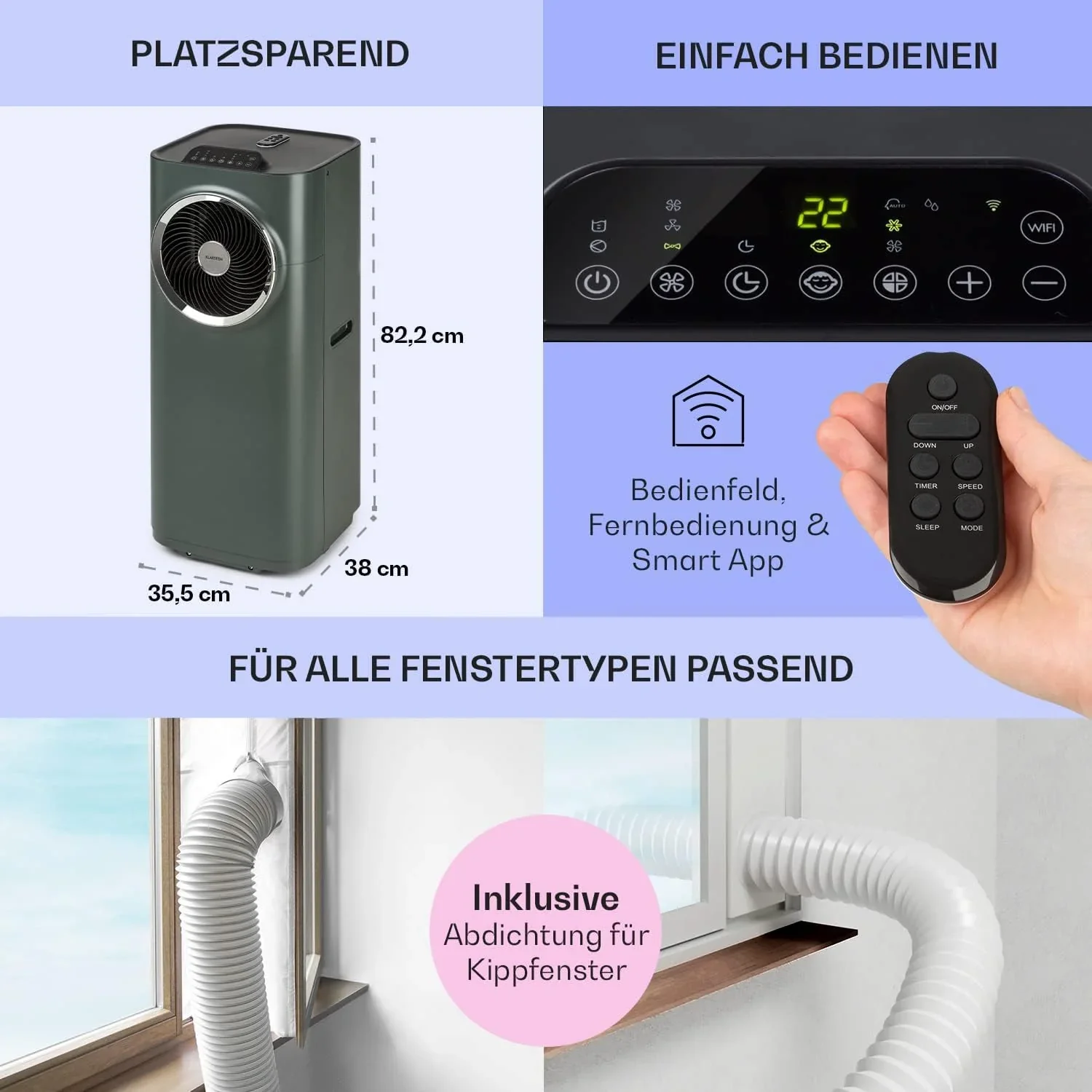 Klarstein Mobile Klimaanlage mit Abluftschlauch, 5-in-1 Klimager?t, Ventilator, Luftentfeuchter, Luftreiniger & Nachtmodus, App-Steuerung, Kleine & Portable, f��r Wohnung & B��ro, 12000 BTU