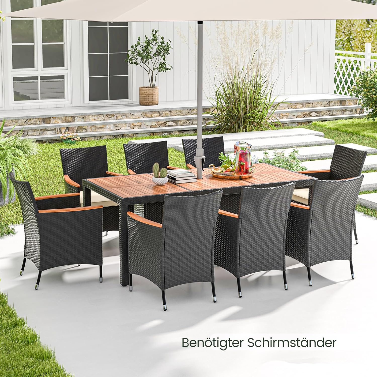 COSTWAY 9 TLG. Rattan Gartenmöbel Set, Sitzgruppe für 8 Personen, Gartentisch mit Tischplatte aus Akazienholz, 8 Stühle & Kissen, Terrassenmöbel Set, Gartengarnitur, Sitzgarnitur, Essgruppe