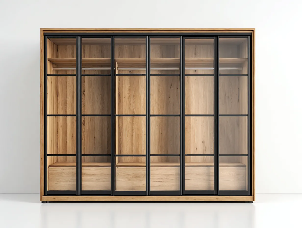 Kleiderschrank-Holz-Glas-Metall-240x65x215 cm-Natur-Schwarz-Industrieller Stil