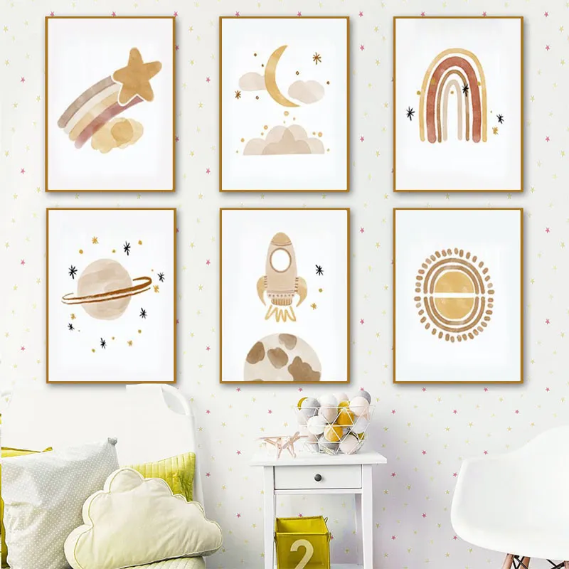 Boho Space Nursery Wall Art, Celestial Canvas Prints