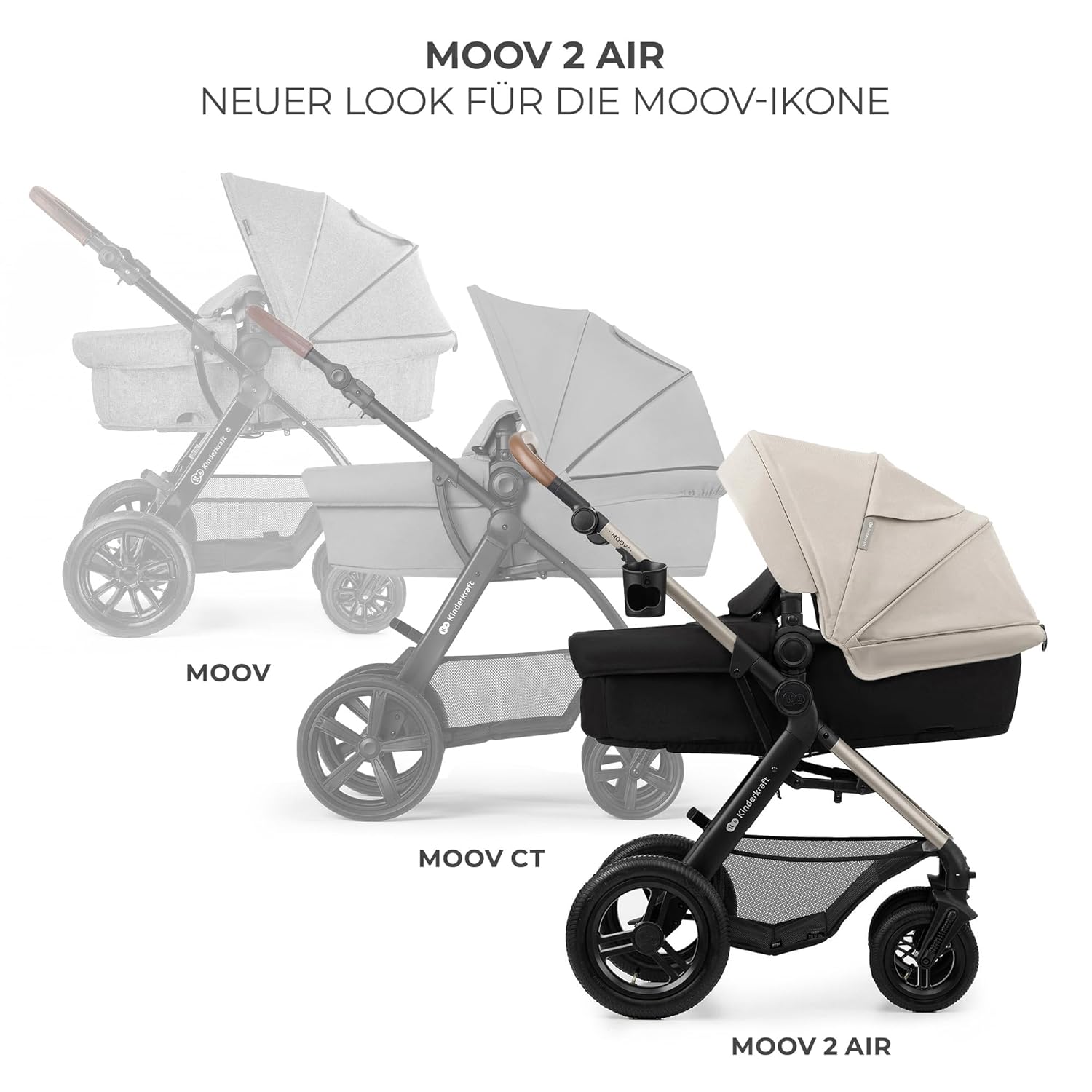 Kinderkraft MOOV2 AIR Kinderwagen 3 in 1 Kinderwagenset bis 26 kg mit Kindersitz I-SIZE 40-75 cm, Buggy Funktion, Liegeposition verstellbar, Große ausziehbare Verdeck, Aufblasbare Räder, Schwarz