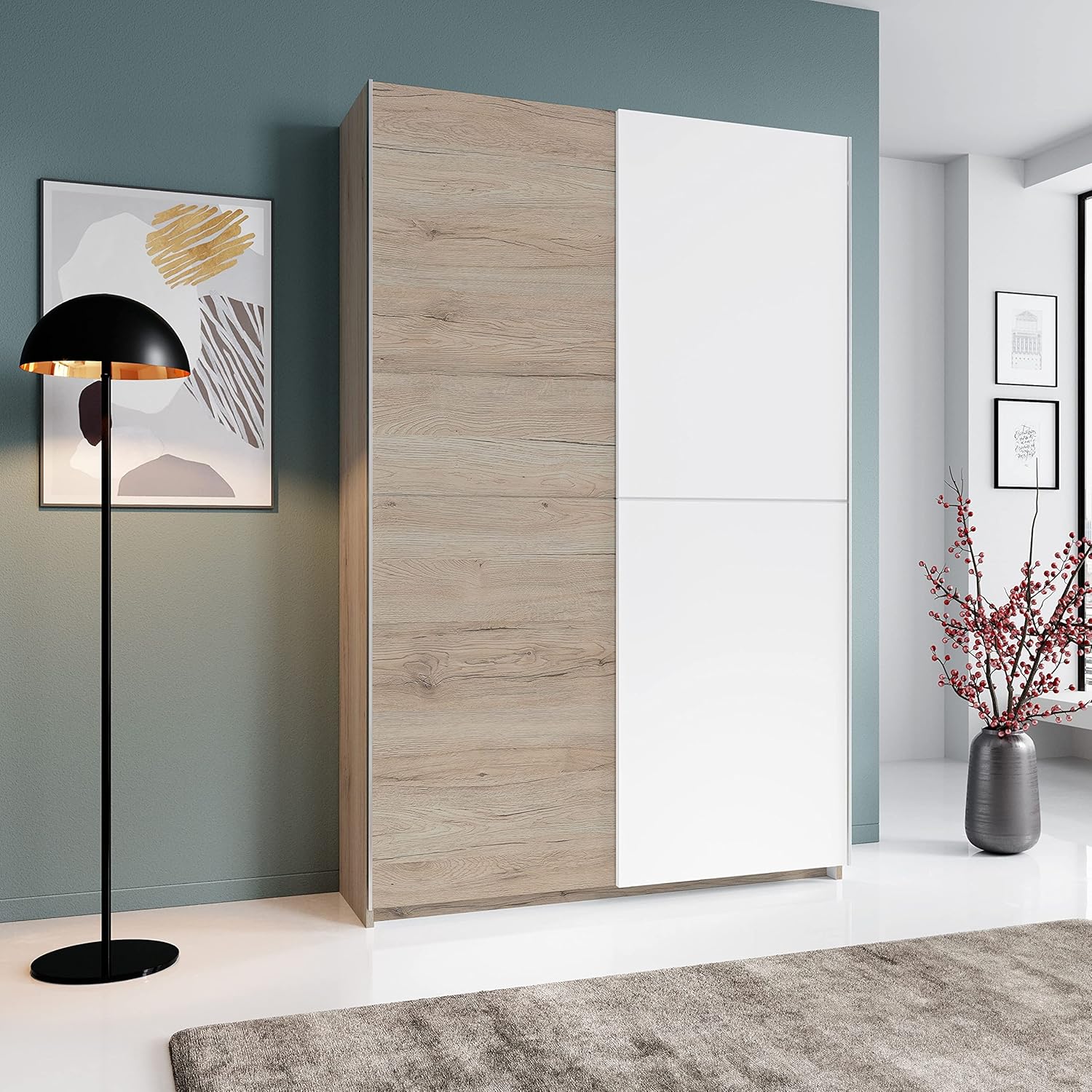 Stella Trading FAST Eleganter Kleiderschrank / Garderobenschrank mit viel Stauraum - Vielseitiger Schwebetürenschrank in San Remo Optik, weiß - 125 x 195 x 38 cm (B/H/T)