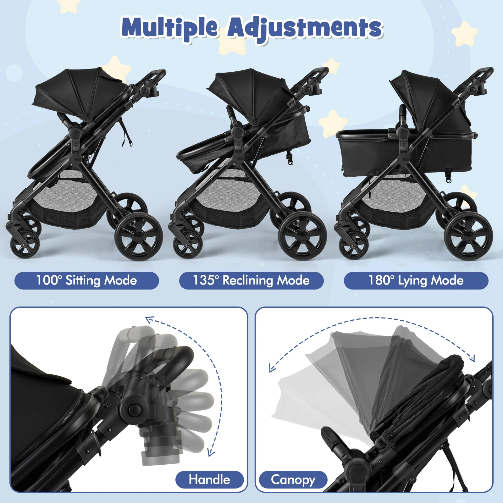 2-in-1 Convertible Baby Stroller, Foldable Infant Carriage with Reversible Seat
