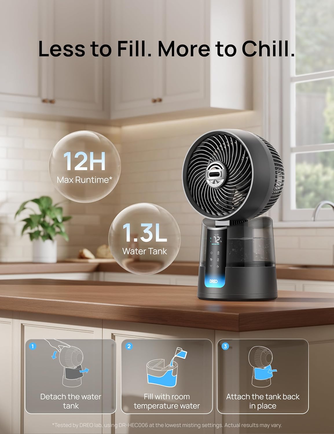 DREO TurboCool Ventilateur brumisateur 516, omnidirectionnel 150° + 30°, ventilateur de refroidissement oscillant qui souffle de l'air froid, vent de 7,9 m/s, brume ultrafine, 20 dB, réservoir de 1,3