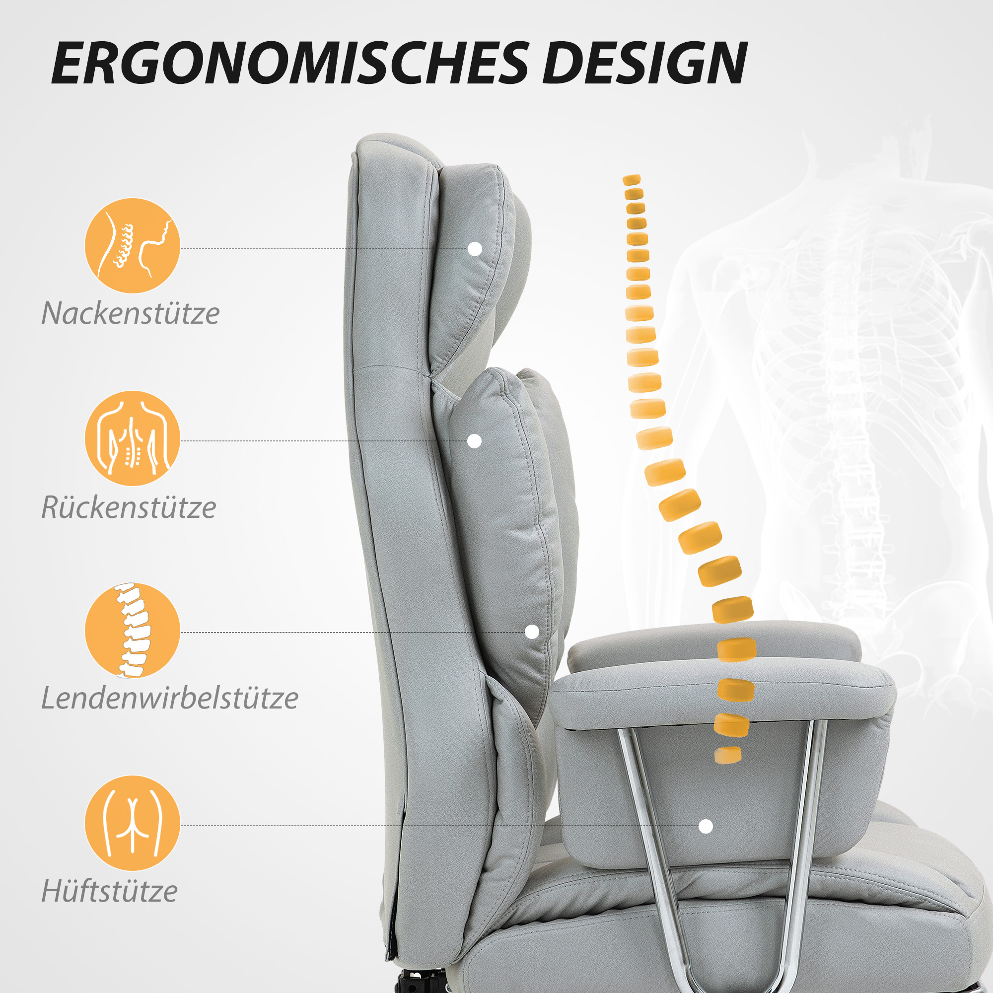 Ergonomische Bureaustoel, met Voetensteun, Verstelbare Rugleuning, 360�� Draaibaar, Lichtgrijs