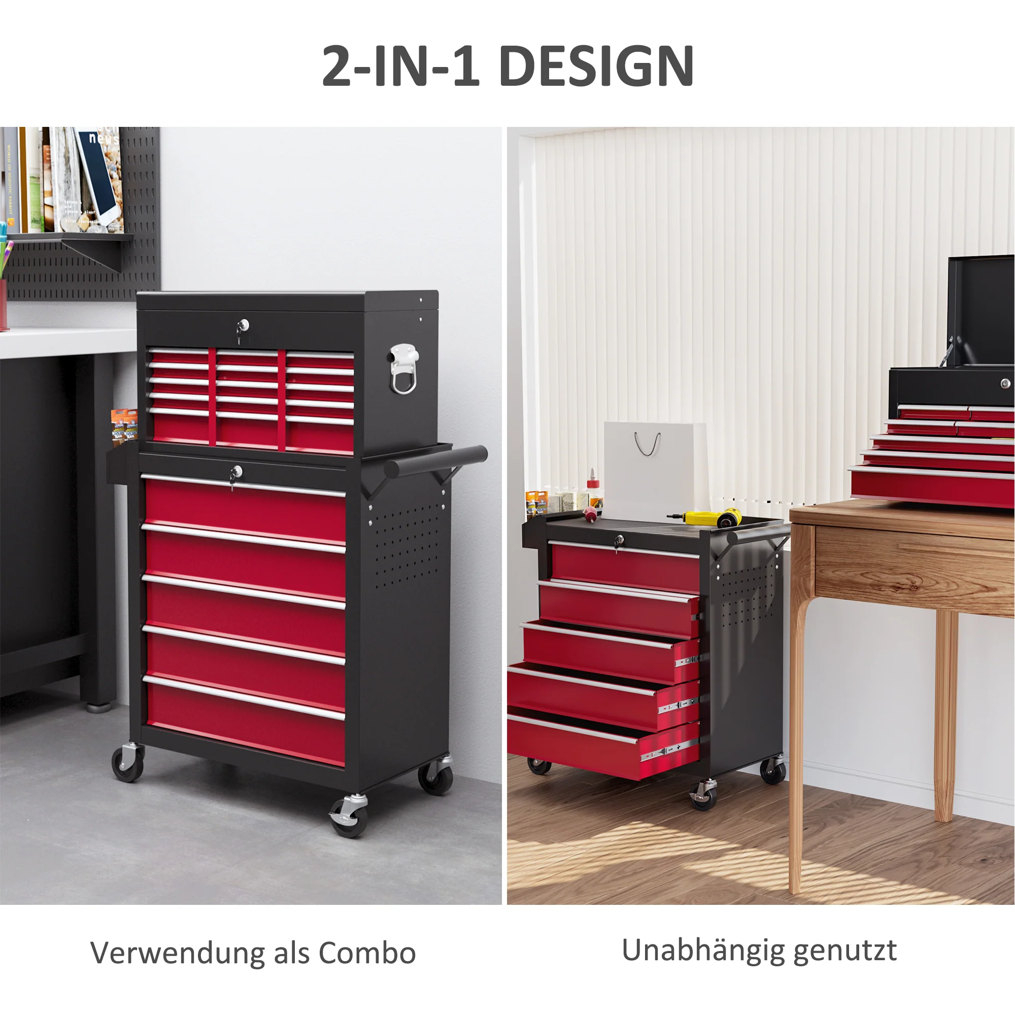 HOMCOM Gereedschapswagen, Tweedelig, Afsluitbaar, 14 Laden, Zijwand met Gaten, Staal, Rood