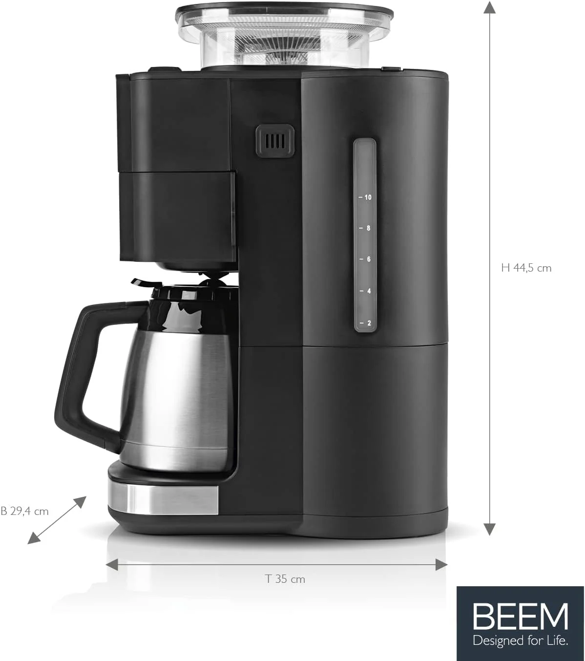 BEEM FRESH-AROMA-PERFECT III Filterkoffiezetapparaat met maalwerk - Duo | Met thermos- & glazen kan | Aroma-Plus-functie | 24-uurs timer | 1000 W | voor maximaal 10 kopjes [roestvrij staal]