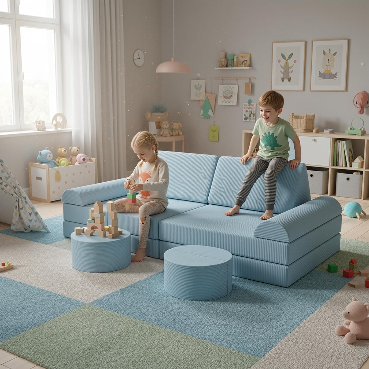 MAMIZO Spielsofa Cord, Kindersofa-Bausteine, 15-Teiliges Modulare Kinderspielcouch, Spielsofa für Kinder, Kindercouch Aufklappen Oeko-TEX, kreatives Spielen für Kuschelecke im Kinderzimmer (Blau)