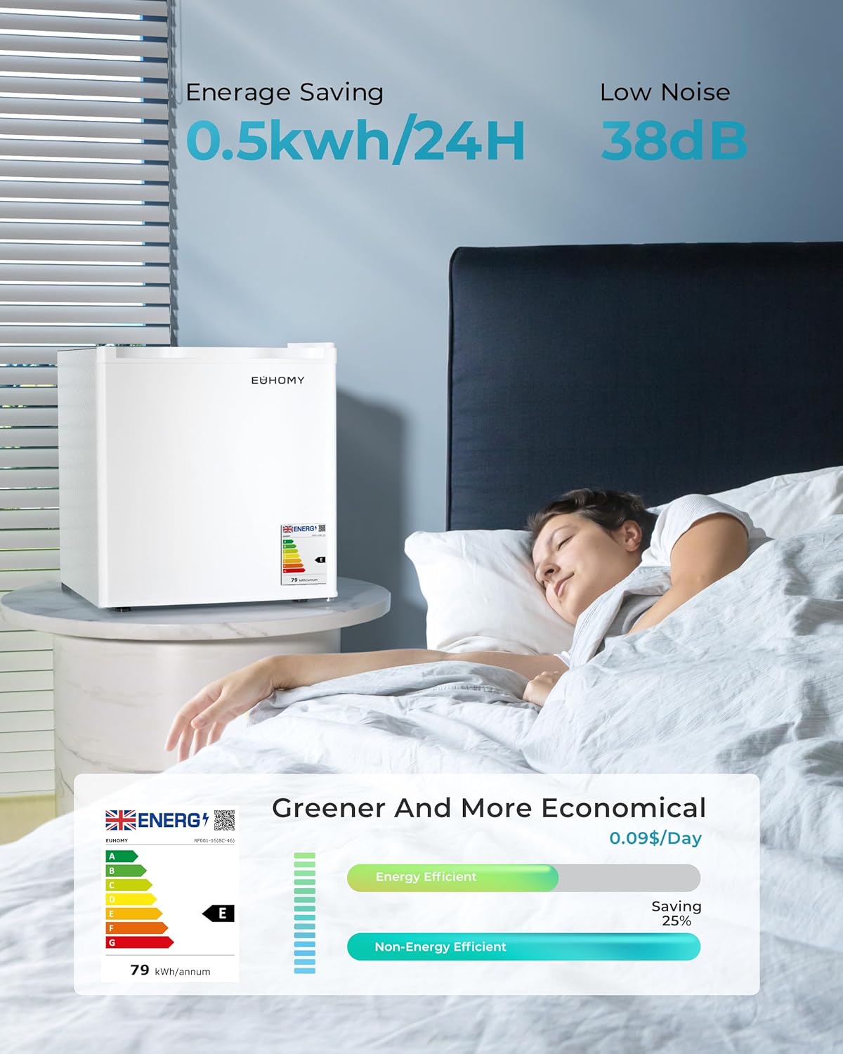 EUHOMY Mini Kühlschrank, 46L Kühlschrank klein, kleiner Kühlschrank mit umkehrbarer Tür, 7-Stufen Thermostat, 38dB Ultra-Leise, Energieeffizienter Kompaktkühlschrank für Schlafzimmer, Büro