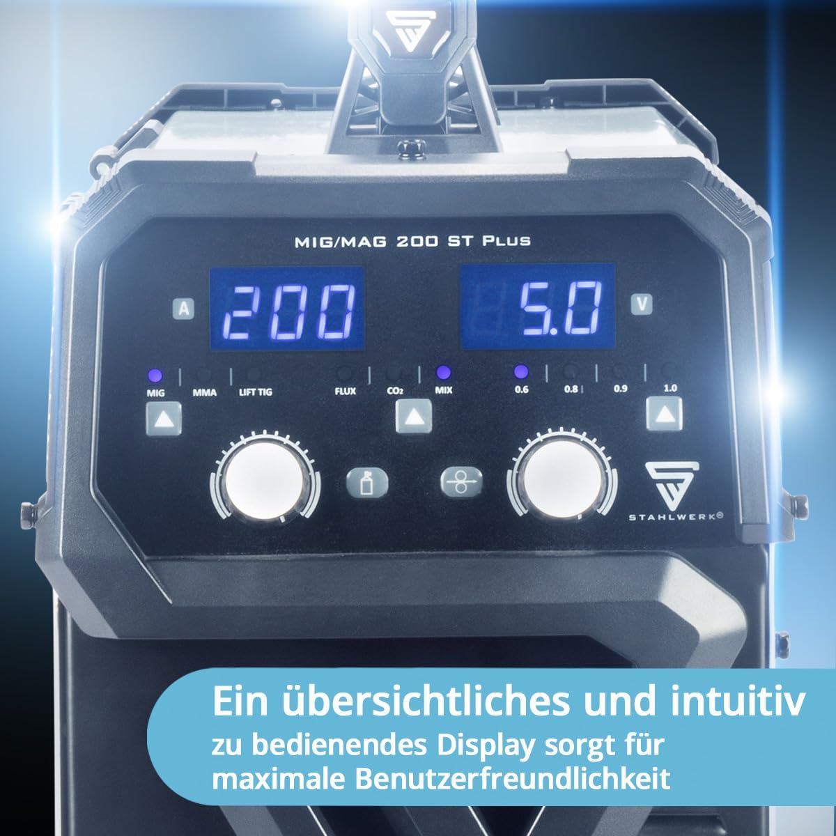 STAHLWERK Schweißgerät MIG/MAG 200 ST – Vollausstattung – IGBT Inverter mit 200 A, Schutzgasgerät mit synergischem Drahtvorschub, FLUX/Fülldraht geeignet, Lift-TIG und MMA/E-Hand (ARC) funktionsfähig