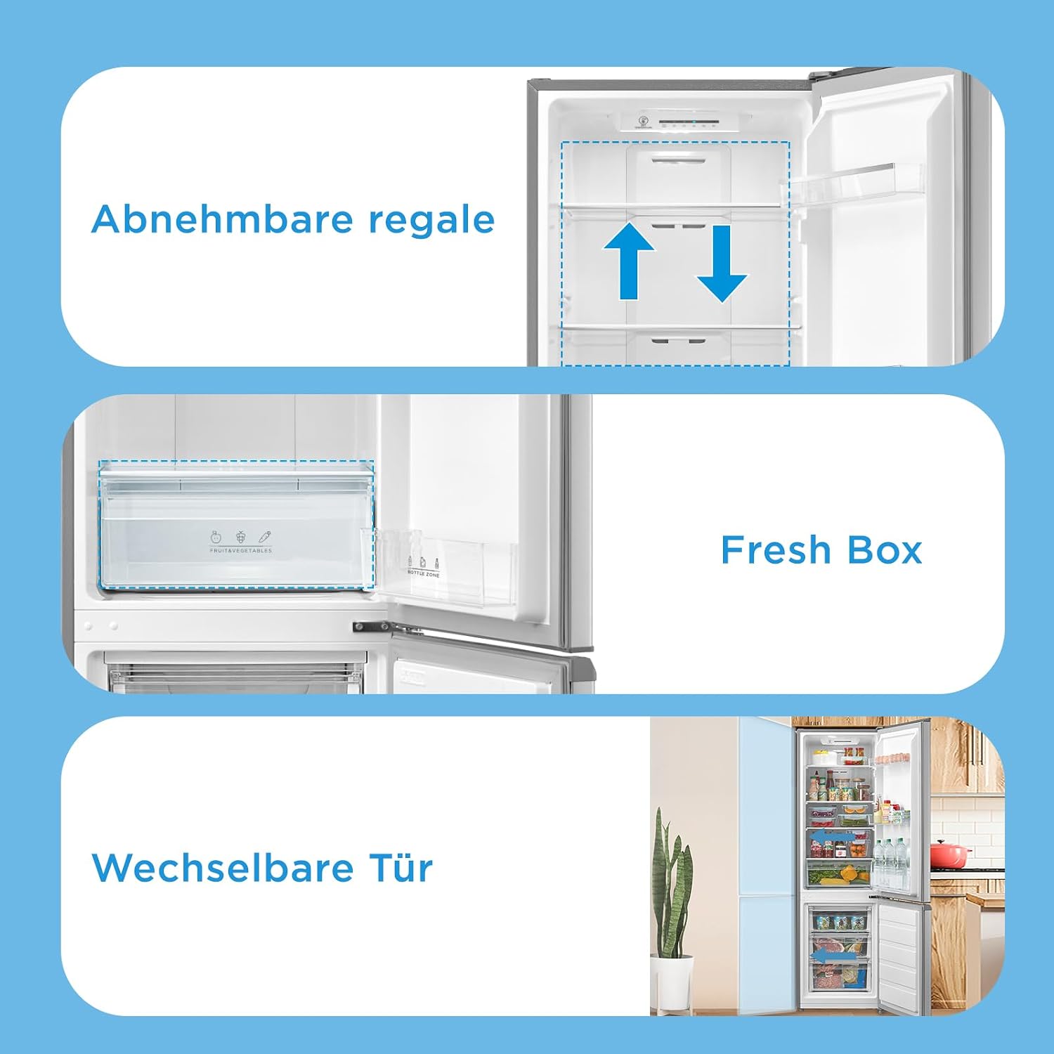Midea Kühlschrank mit Gefrierfach MERB276FGE02A | 270L Kühl-Gefrierkombination (199L + 71L) | No Frost, All-Around Cooling | Doppelte Steuerung & Digital Control | Super-Kühl, LED | 180 cm, Edelstahl