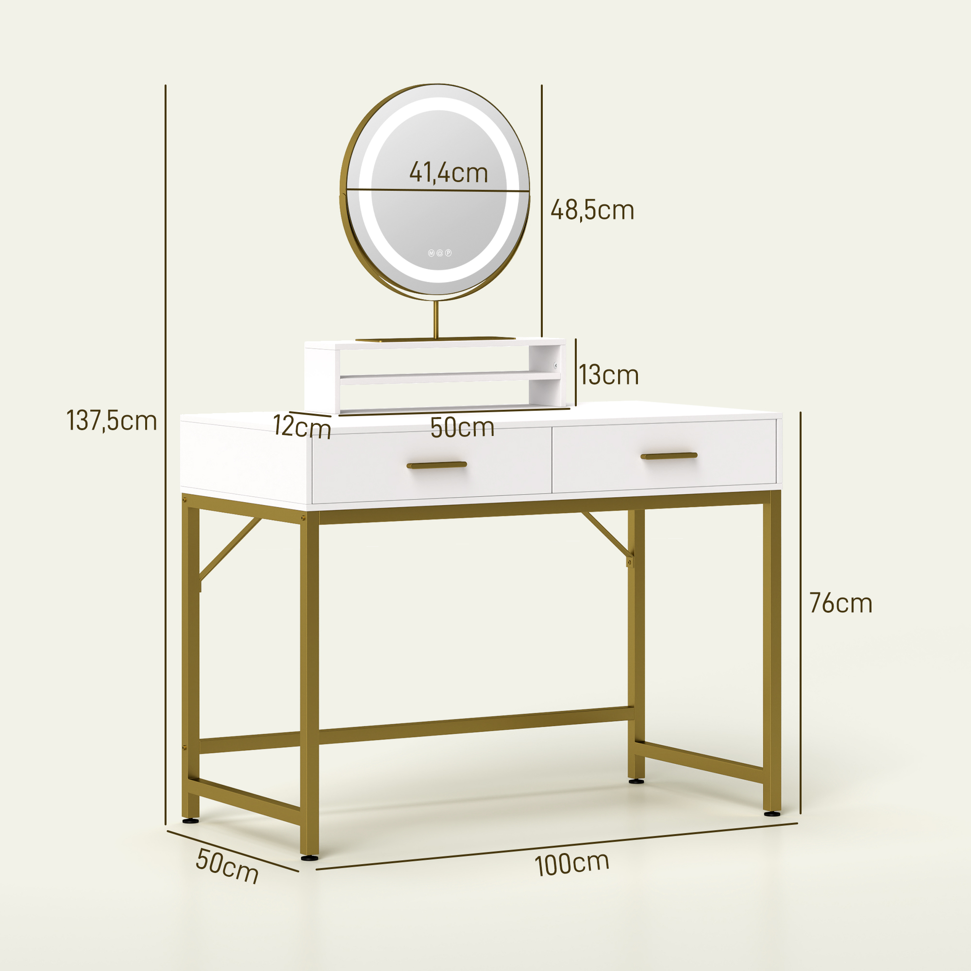 Kaptafel met 360�� Spiegel, LED-verlichting, 2 Laden, Wit/Goud