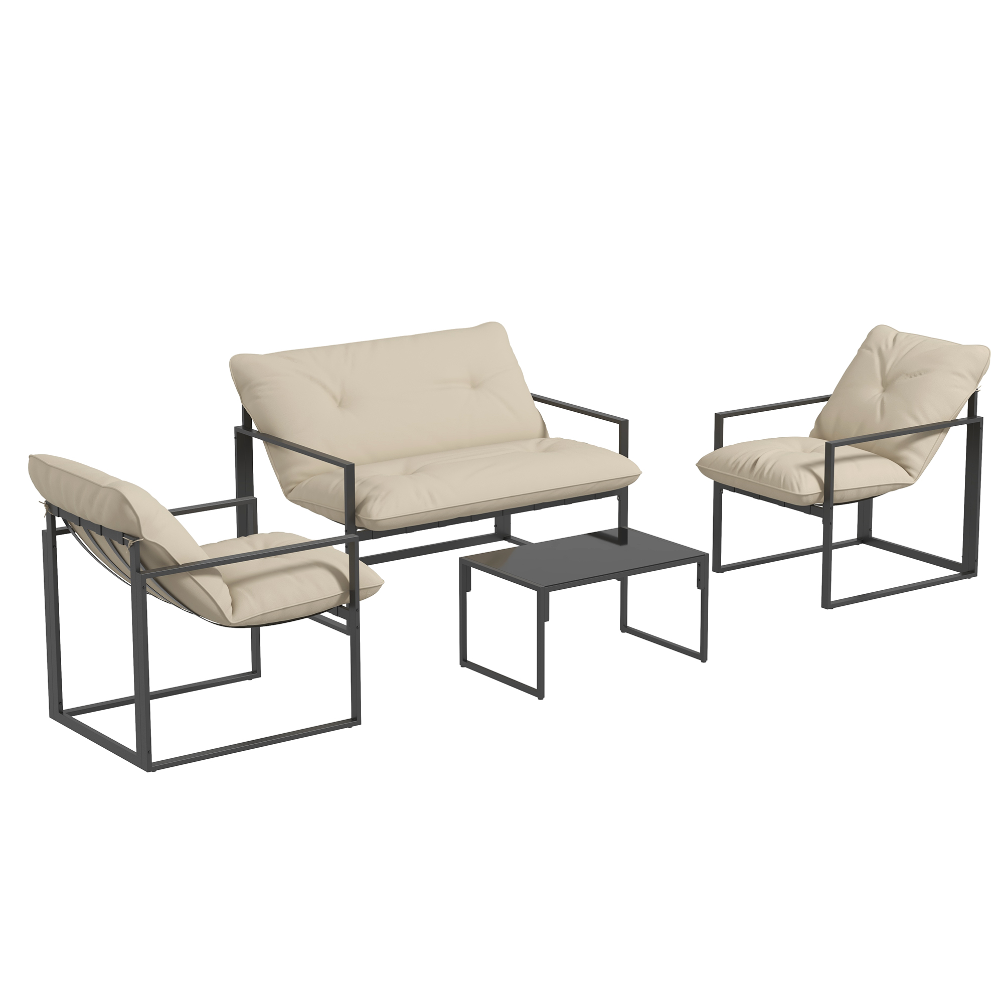 Tuinmeubelset met Glazen Tafel, 2 Stoelen, 1 Bank, Weerbestendig, 114 cm x 70 cm x 67 cm, Grijs+Beige