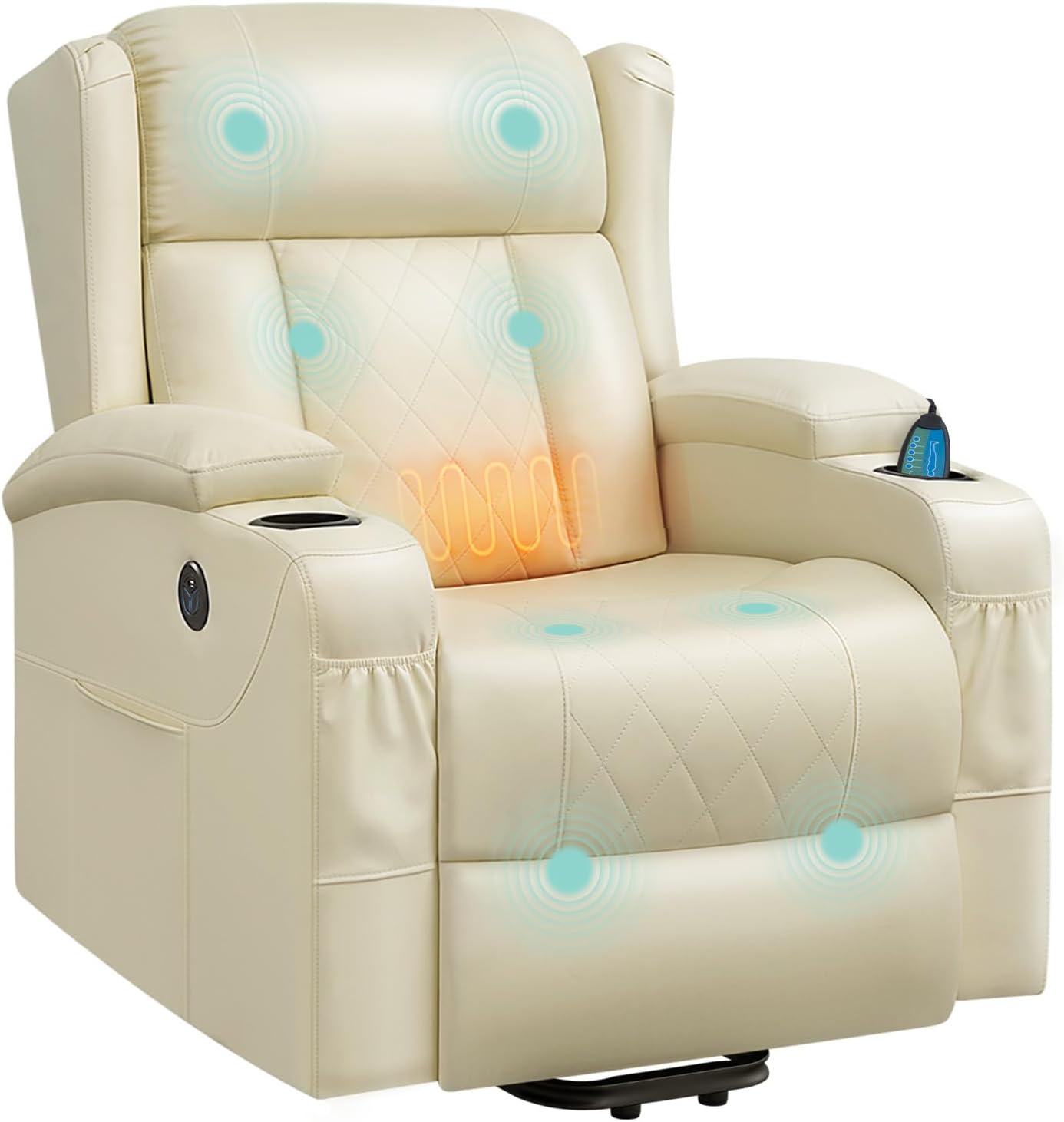 WOLTU Massagesessel, elektrisch verstellbar, mit Liegefunktion Aufstehhilfe, Massage Heizung Fußstütze Seitentaschen Becherhaltern USB-Port, Kunstleder, Beige
