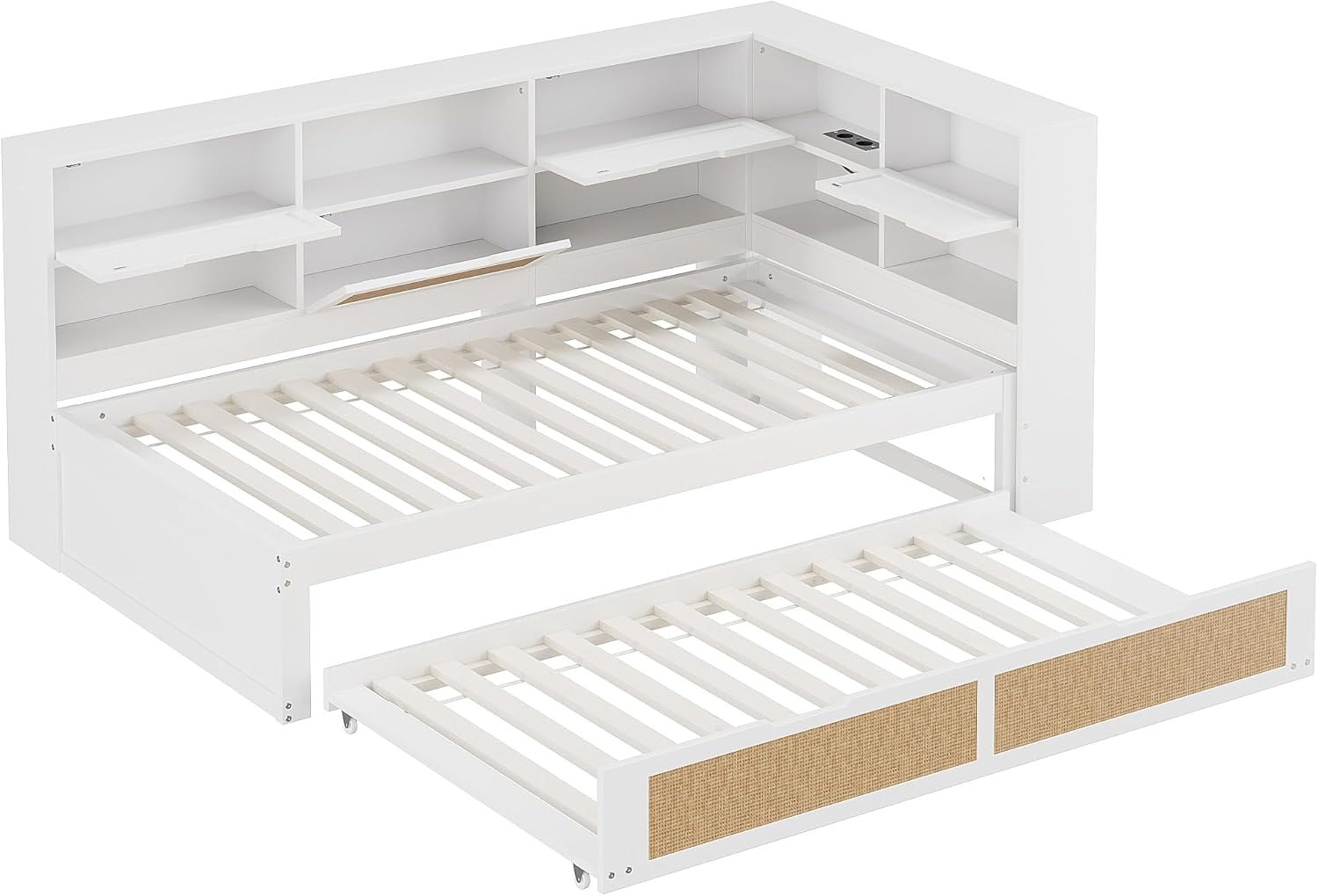 Tagesbett Schlafsofa 90x200, Holz Multifunktionsbett mit Ausziehbett 90x190 cm, USB-Steckdose und vielen Staufächern, Einzelbett Massivholzbett Kinderbett Daybett mit Lattenrost, Ohne Matratze, Weiß