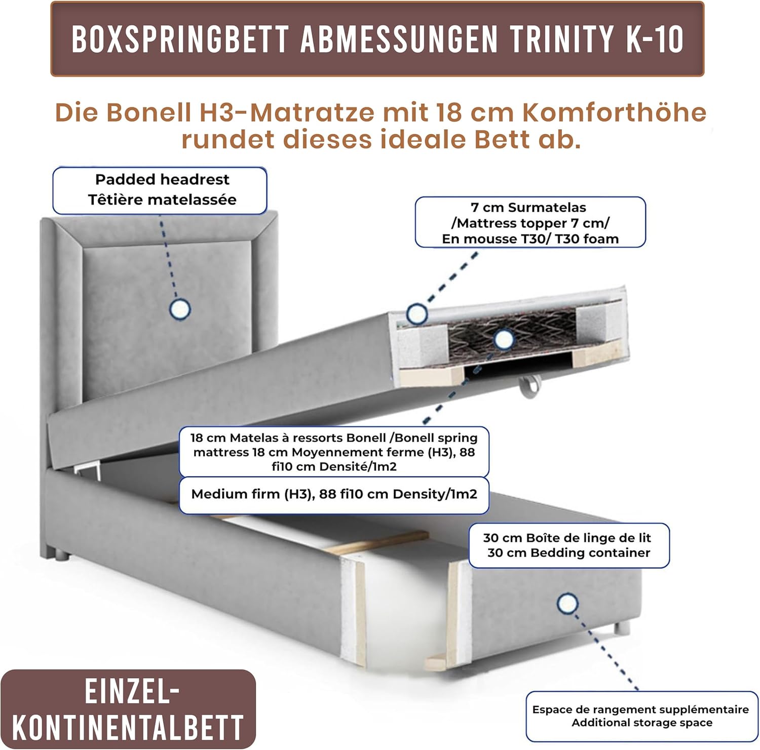Trinity K10 Einzelbett | Boxspringbett mit Bonell Federkernmatratze | MatratzenTopper | Bett mit Stauraum