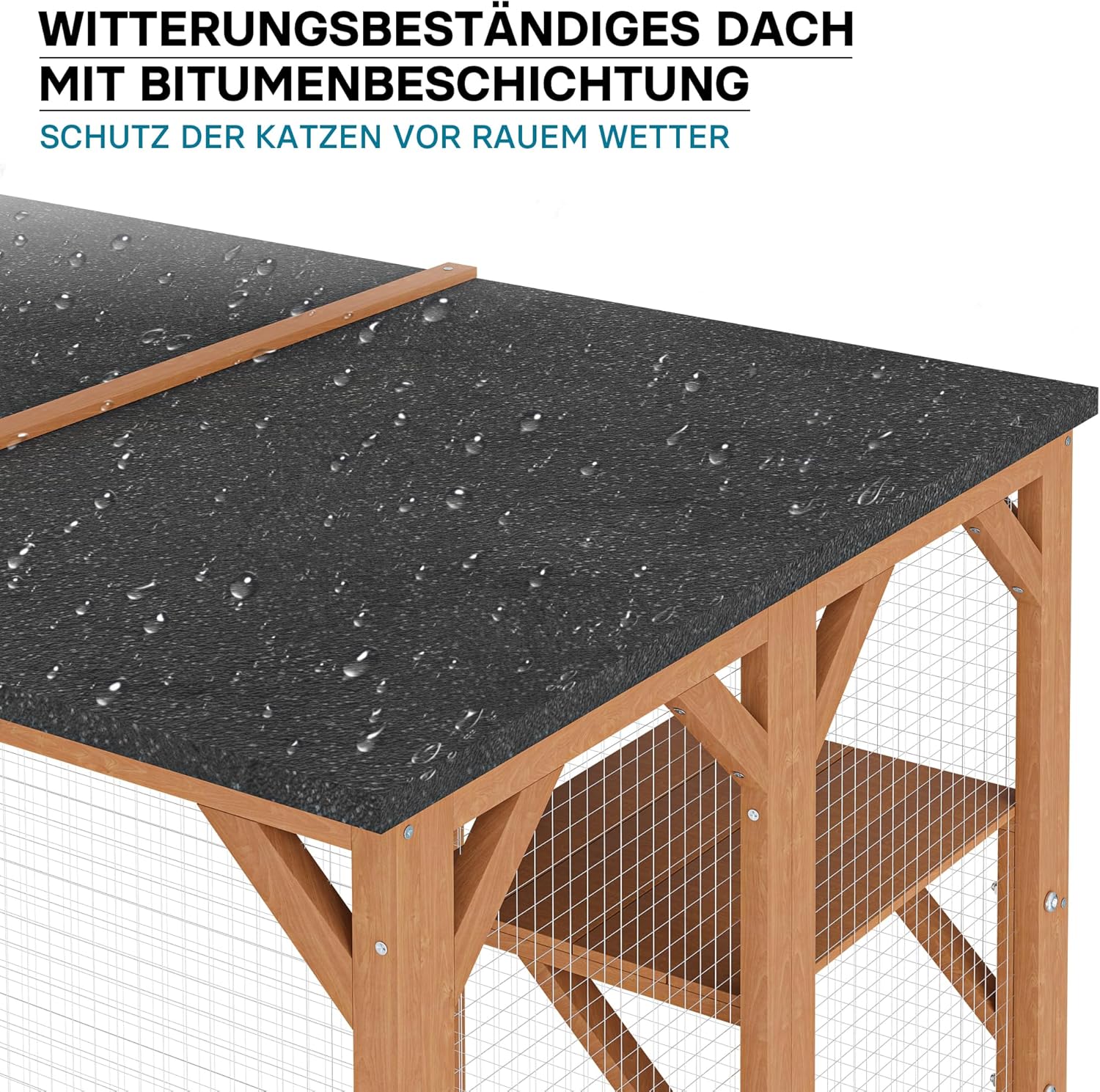 Wiltec Freilaufgehege Katzen 168 x 82 x 166,5 cm mit 6 Liegeflächen, wetterfestes Katzengehege Garten, Katzenhaus mit Drahtgitter und Bitumen Dach