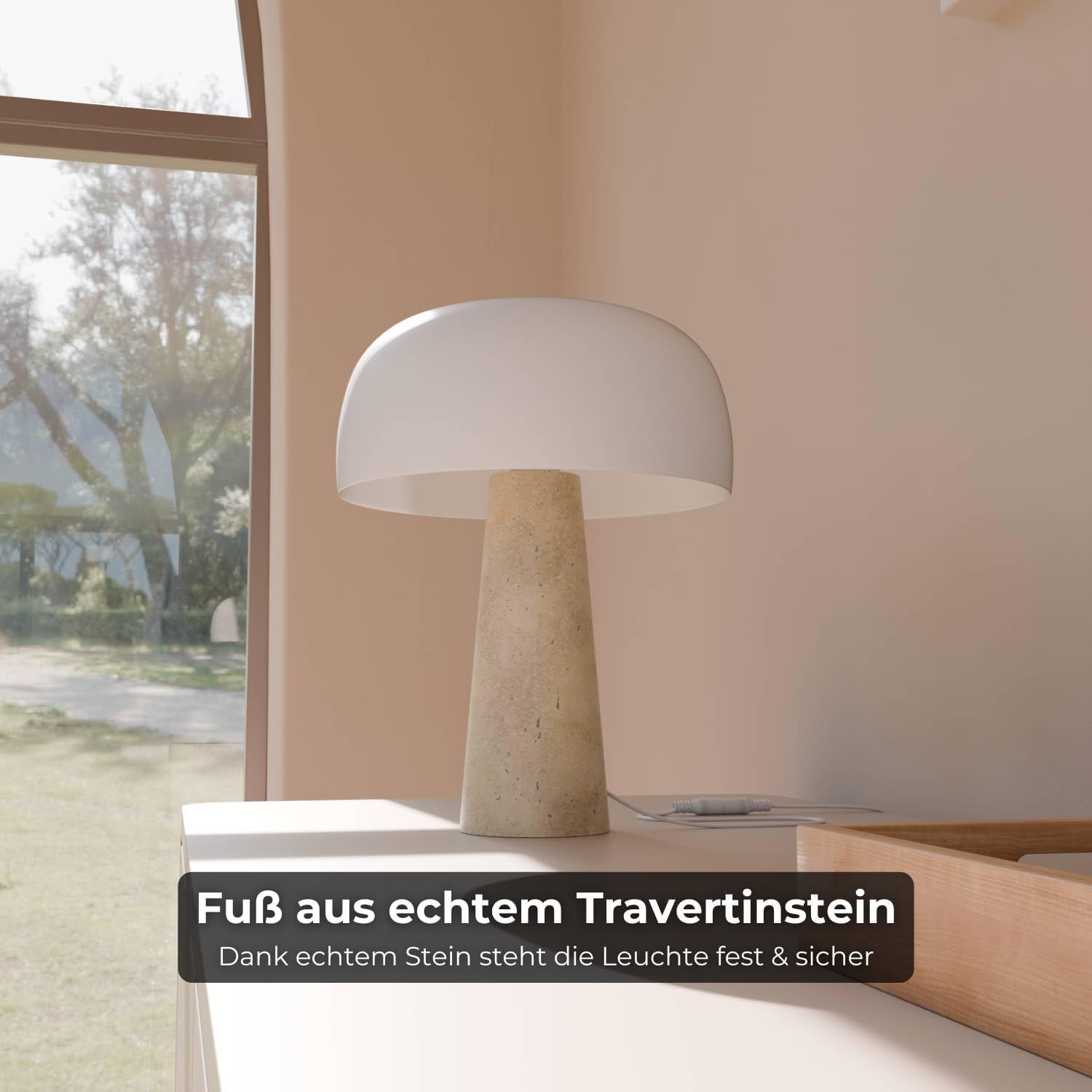 Lyra Design Tischleuchte mit Travertinfuß, LED Tischlampe aus Glas dimmbar 2200 K warmweiß