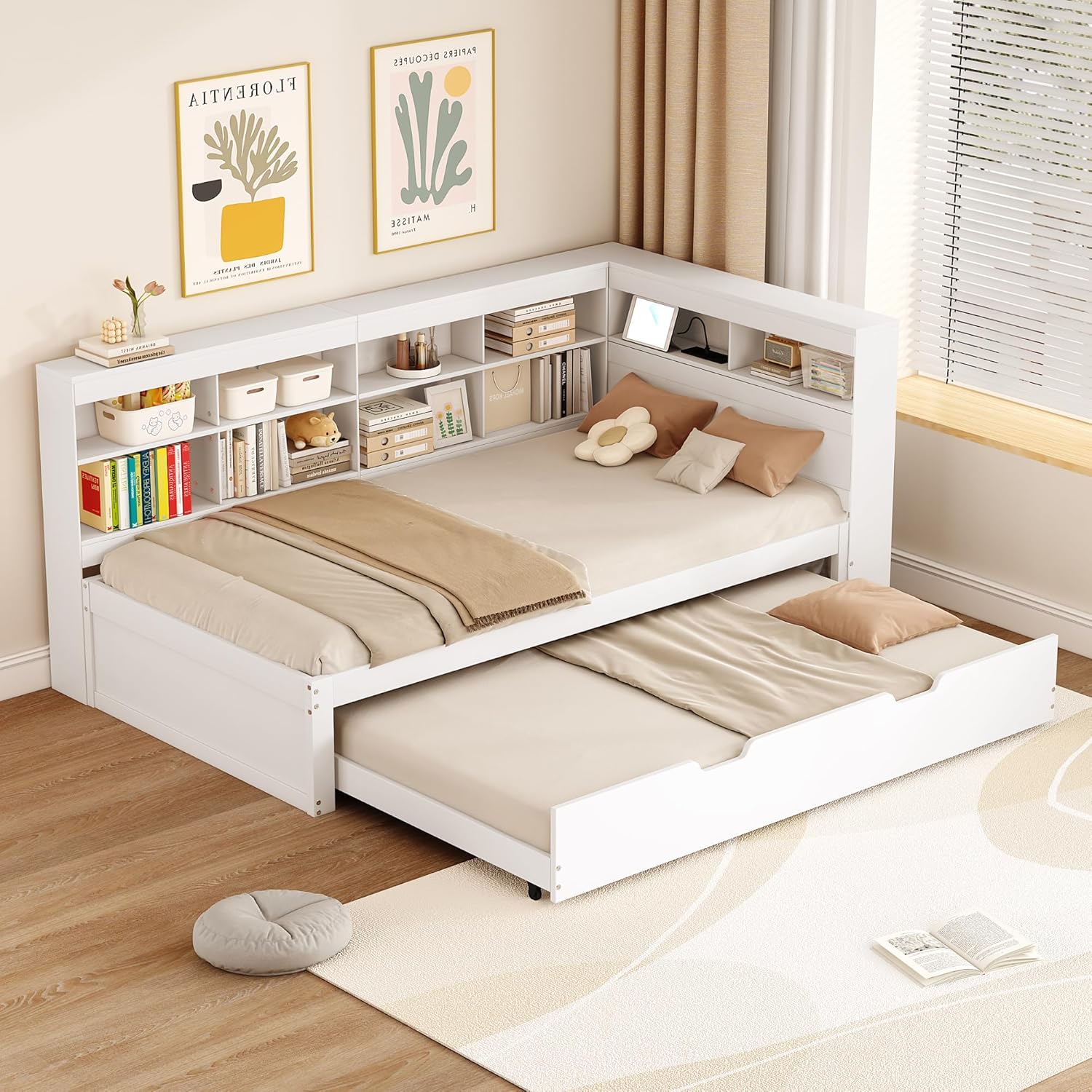 Plattformbett mit Ausziehbett 90x200cm(90x190cm), Ausziehbares Schlafsofa Tagesbett mit Bücherregal & USB Ladefunktion, Multifunktionsbett Gästebett Daybett Kinderbett Jugendbett, Ohne Matratze, Weiß
