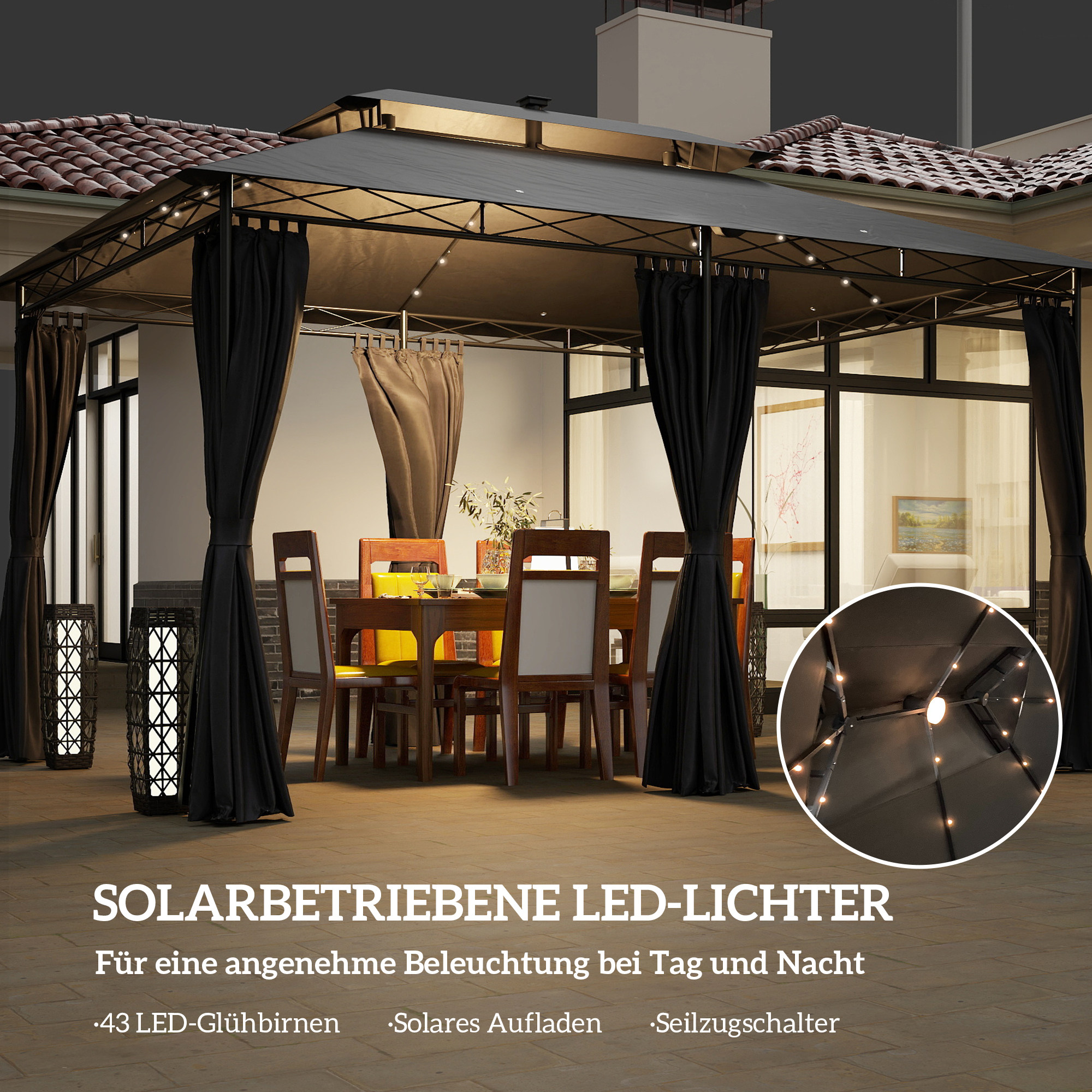 Outsunny 3 x 4 m Tuinpaviljoen, Tuintent met Zijwanden en Solar-LED-Lichten, Stalen Frame, Terrastent, Donkergrijs