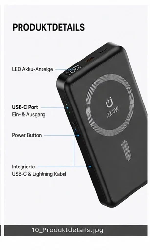 Powerbank 22,5W Schnellladeger?t mit integriertem USB-C & Lightning Kabel �C Hochwertige Powerbank mit Fast Charging & Typ-C Input