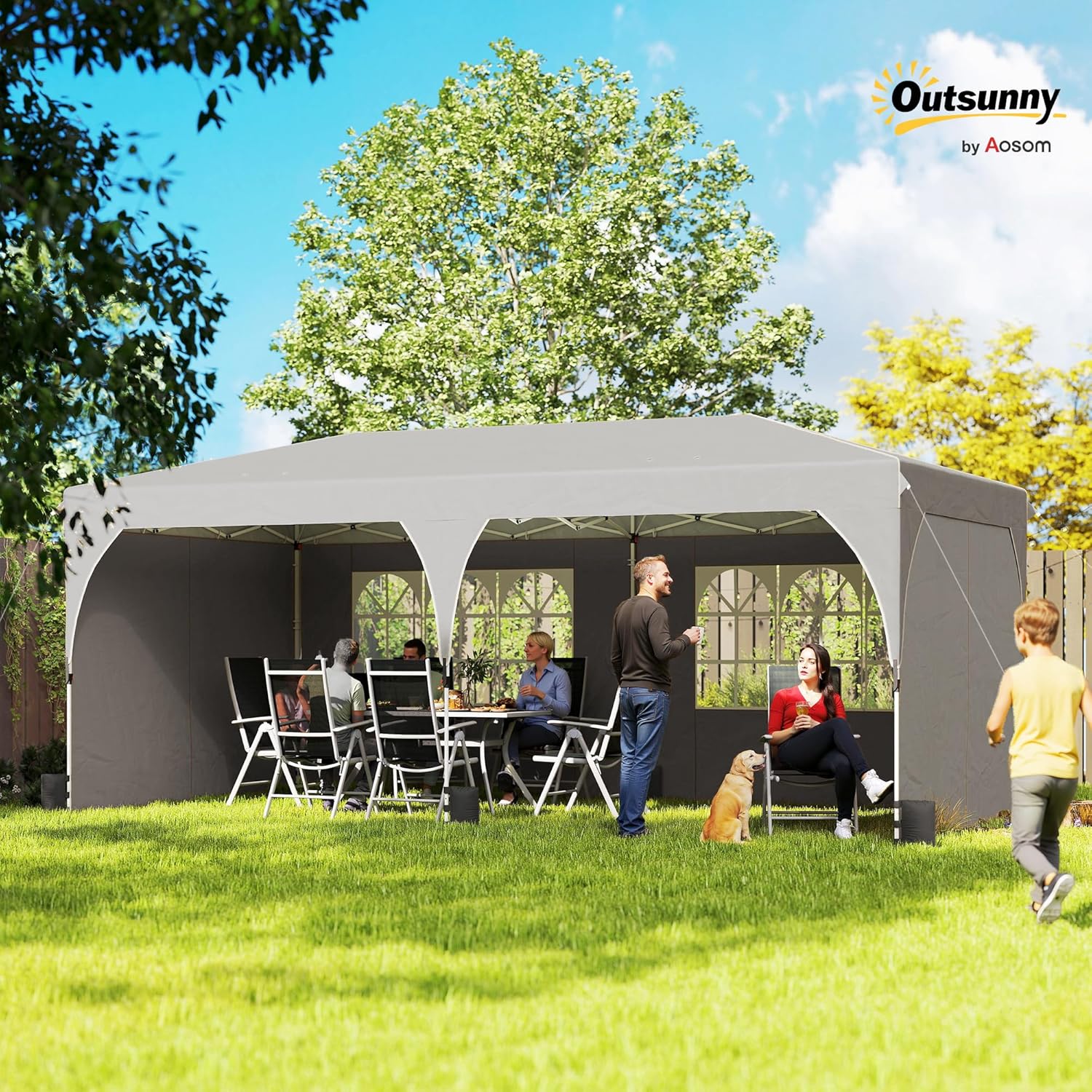 Outsunny Gartenpavillon 3 x 6 m Pop-up-Zelt, höhenverstellbar, wasserdicht, UV50+ Schutz, zusammenklappbarer Pavillon mit 4 Seitenwänden, 6 Sandsäcken, Tragetasche, einfache Montage, grau