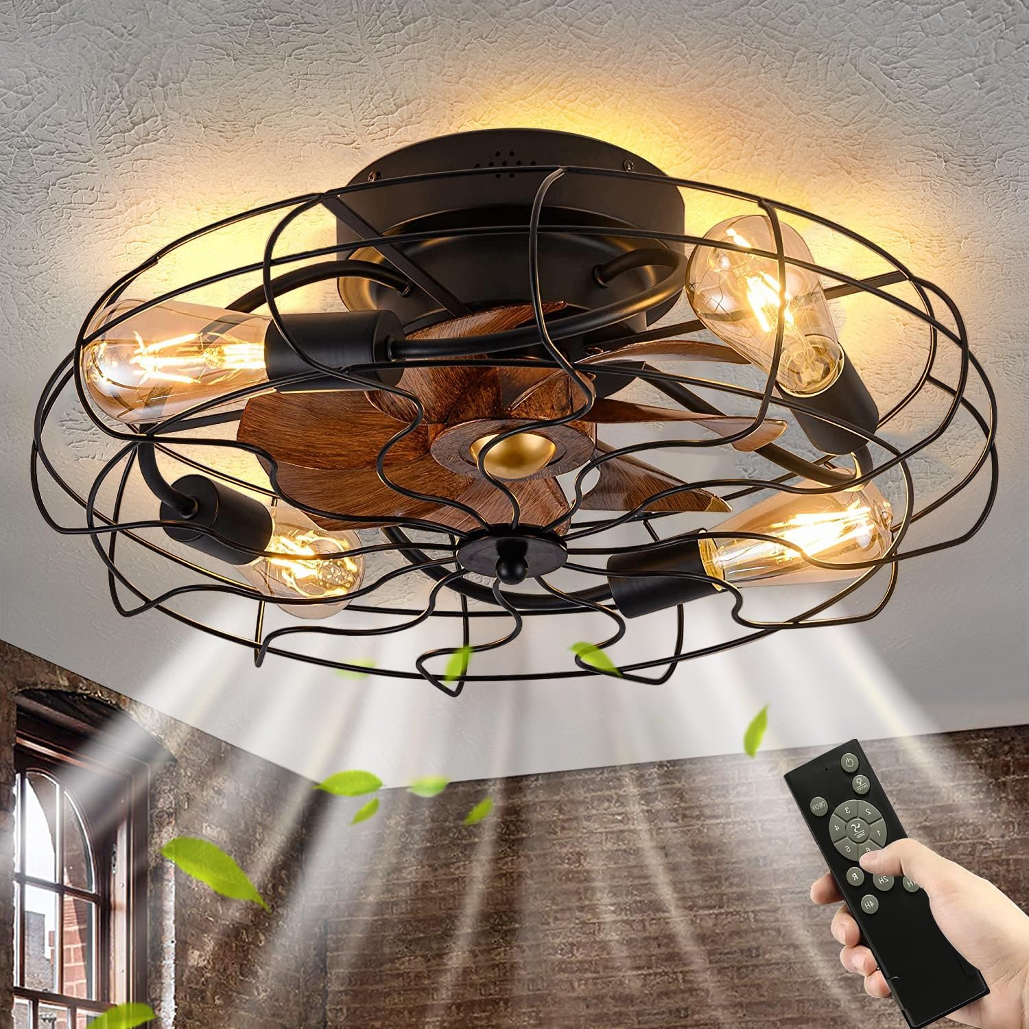 Deckenventilator mit Licht Retro LED Deckenleuchte mit Ventilator und Fernbedienung Industrial Deckenlampe E27 Vintage Cage Fan Lamp für Schlafzimmer Wohnzimmer Küche Beleuchtung, Schwarz