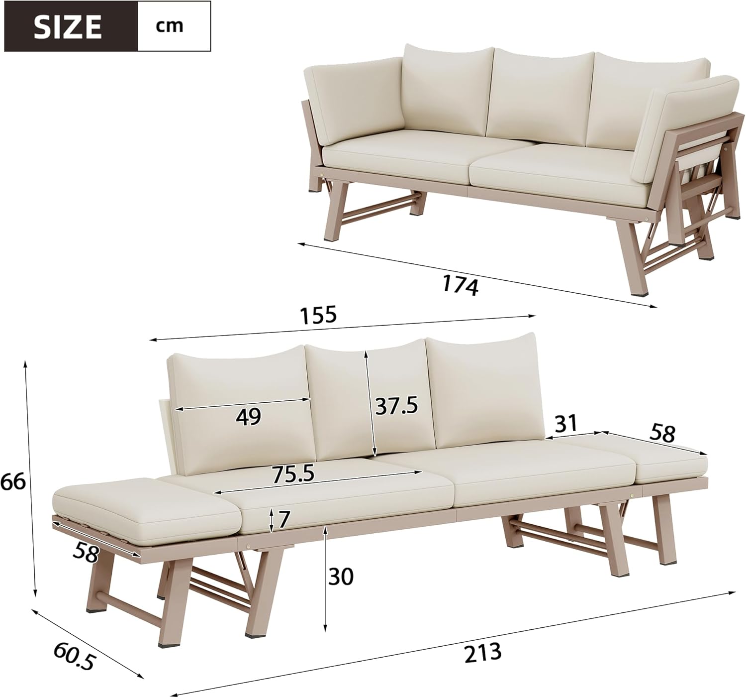 Gartenmöbel-Set, Outdoorsofa, 3-Sitzer-Sofa, Beige, Gartensofa mit Liegefunktion, Sonnenliege Gartenliege mit Auflagen und klappbaren Armlehne, Gartencouch für Garten, Terrasse, Balkon