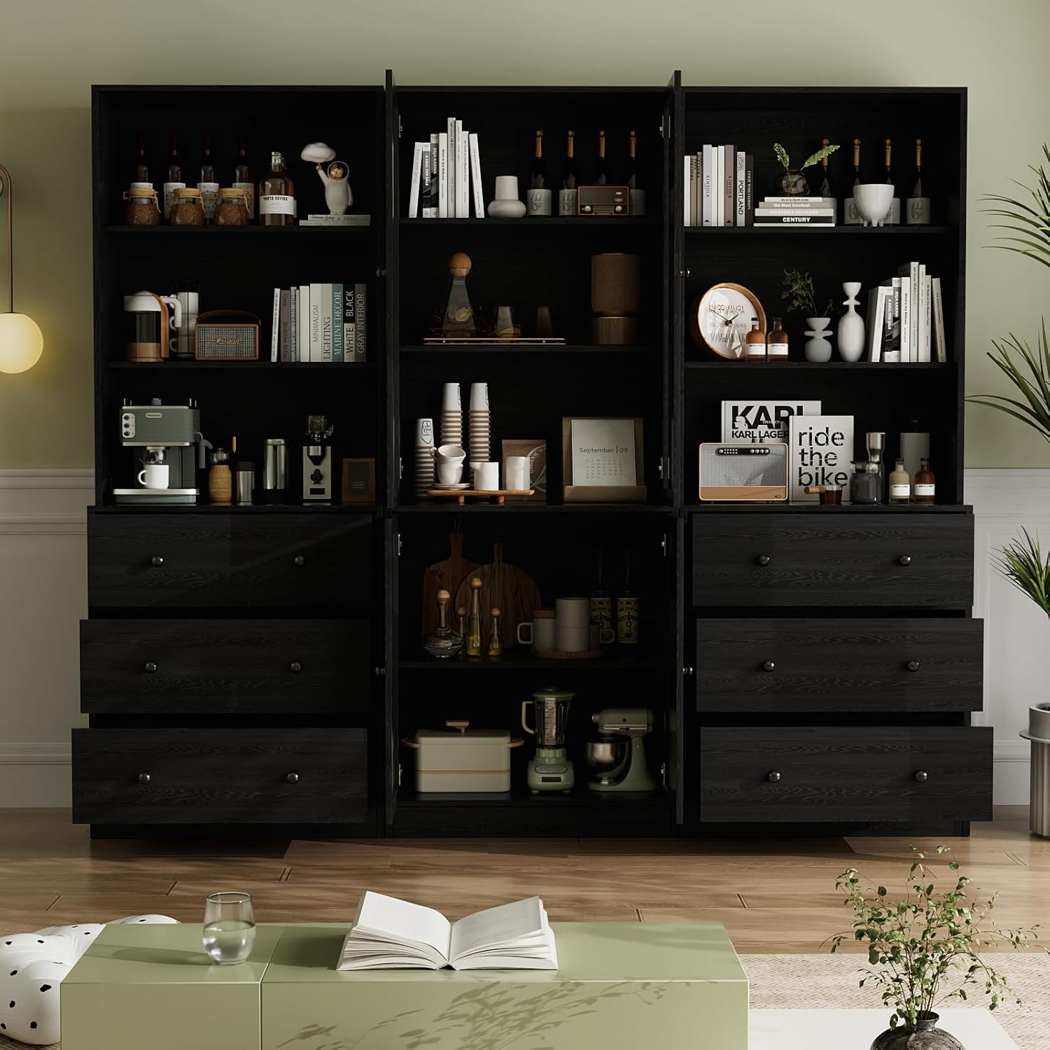 VOWNER 5-stöckiges Bücherregal mit Glastüren, 180 cm Vitrinenschrank, Küchenschränke, Küchenschrank Hochschrank, Buffetschrank für Küche, Wohnzimmer, Esszimmer, 4PCS (Schwarz)
