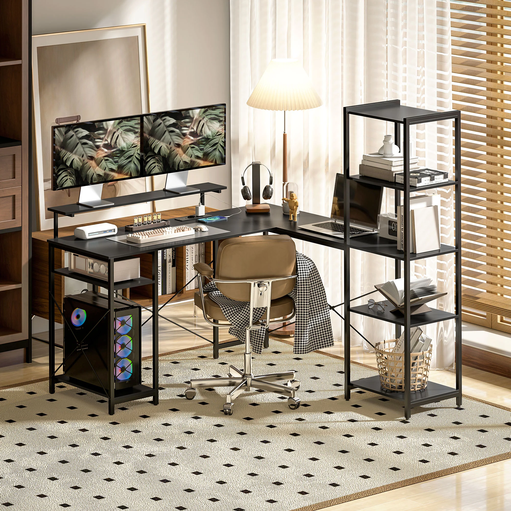 HOMCOM L-vormig Bureau met Oplaadstation, Hoek Computertafel met Monitorstandaard en Planken, voor Thuiswerkplek, Kantoor, Zwart