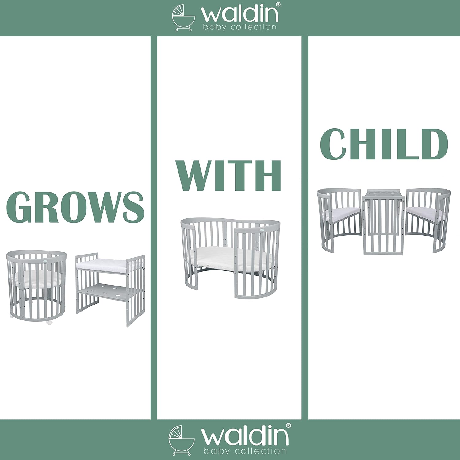 Waldin Oval Baby-Bett Mitwachsend Komplett Set 7in1, Gitterbett, Kinderbett mit Matratze, Wickelkommode, Beistellbett, Holz Weiß
