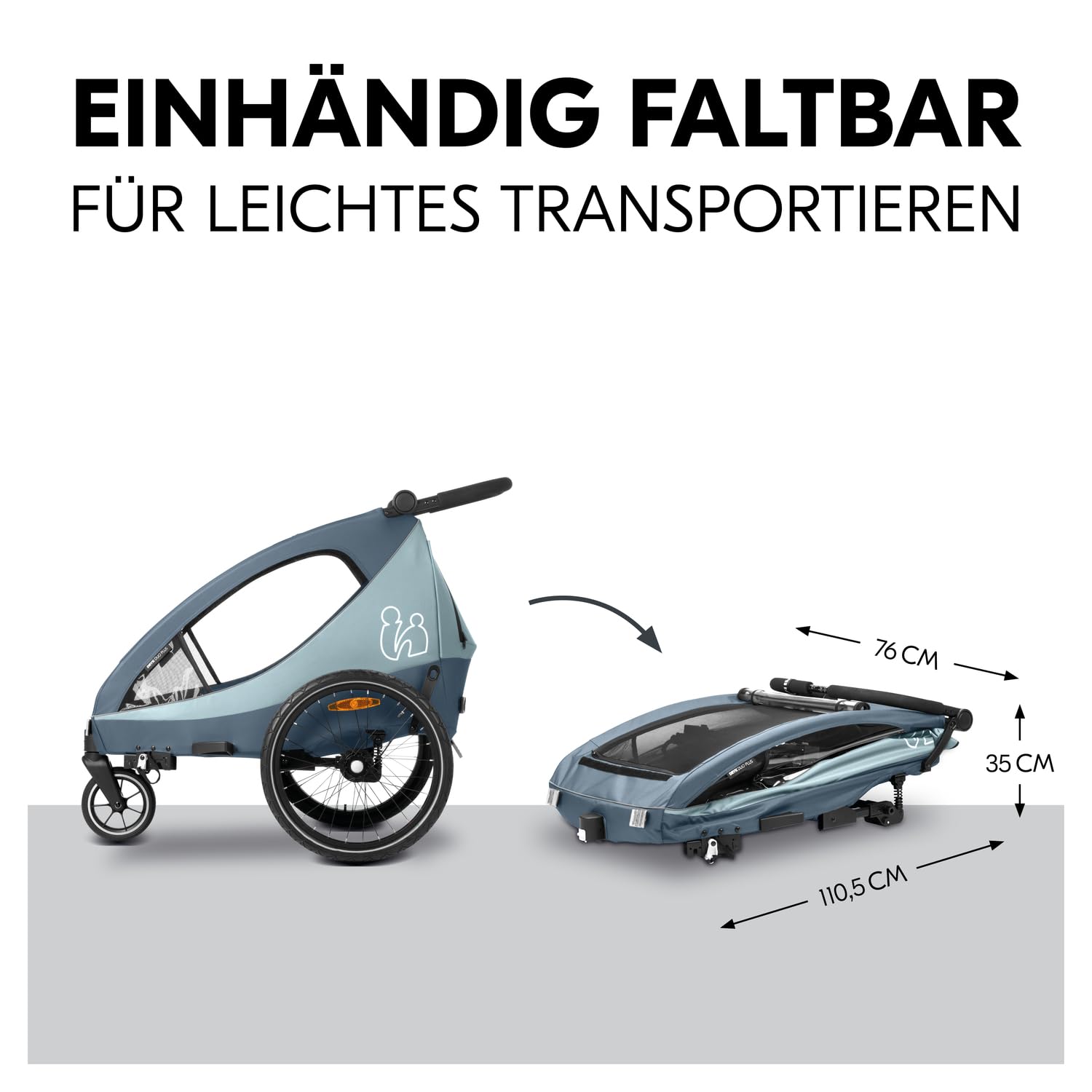 hauck Fahrradanhänger & Kinderwagen Dryk Duo Plus mit Federung, für 2 Kinder (6-48 Monate), inkl. Deichsel, Buggyrad, Fahne und LED Licht, Faltbar, Höhenverstellbar, XL Kofferaum (Dark Green)