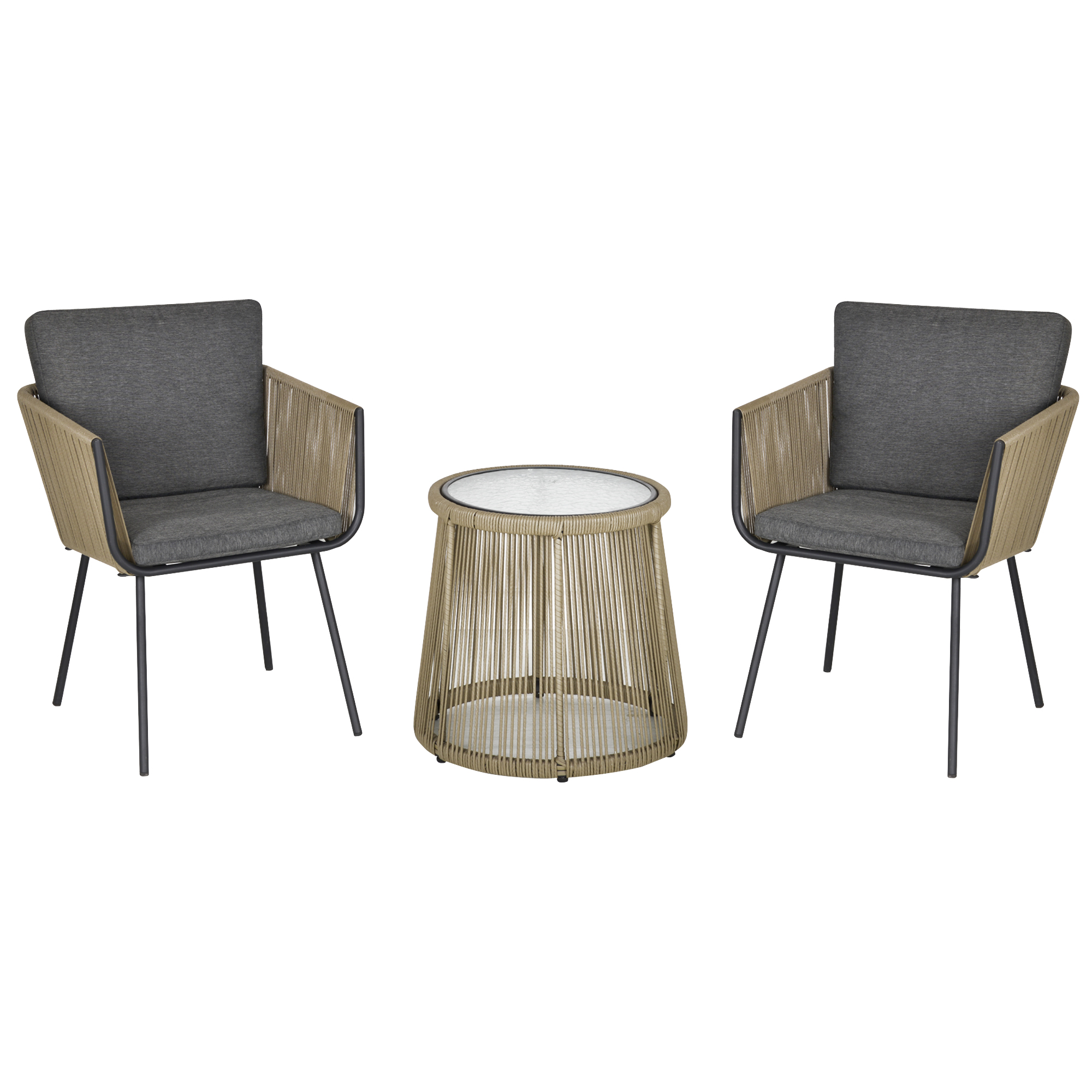 3-delige loungeset, 2 stoelen, bijzettafel, zit- en rugkussens, gehard glazen tafelblad, kunstrotan, grijs