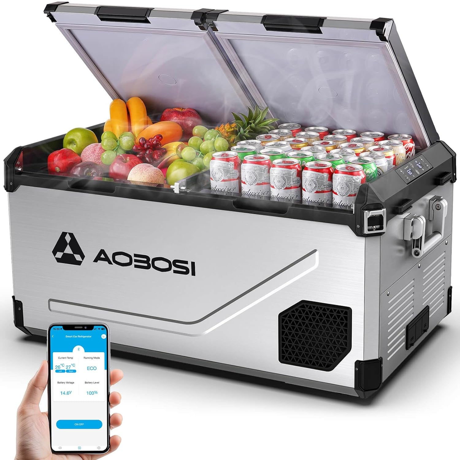 AAOBOSI 95L Kompressor Kühlbox Dual Zone bis -20℃，Edelstahlgehäuse & Aluminium-Innenausstattung，12/24V DC & 230V AC，Kühlbox Kompressor für Auto, Boot, Camping und Geländefahrt