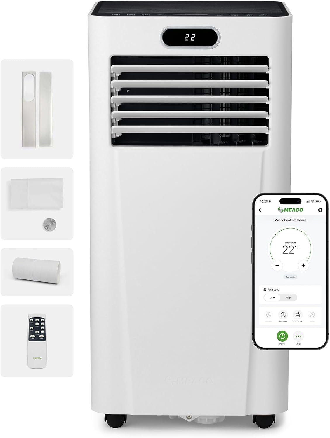 MeacoCool MC Series Pro 10000 BTU Mobile Klimaanlage mit App-Steuerung, Fernbedienung, Energieklasse A, leise (53 dB), 4-in-1 Kühlung, 18–28 m², Schlafmodus, 2 Fenster-Kits