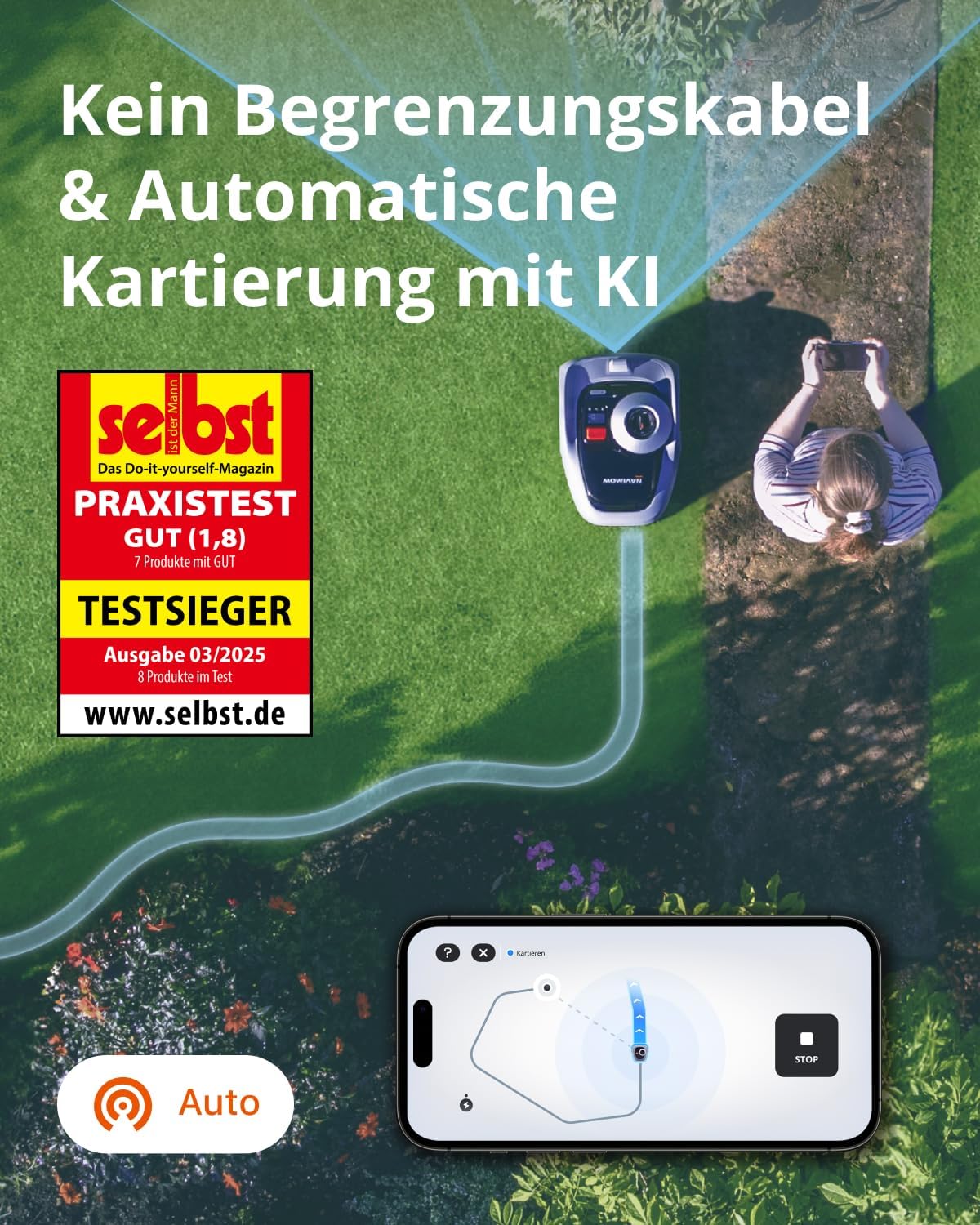 Navimow i105E Mähroboter ohne Begrenzungskabel, Empf. 500 m2, Max. 600 m2, RTK+Vision Rasenmäher Roboter Testsieger, Igelschutz Rasenroboter, KI Auto Kartierung