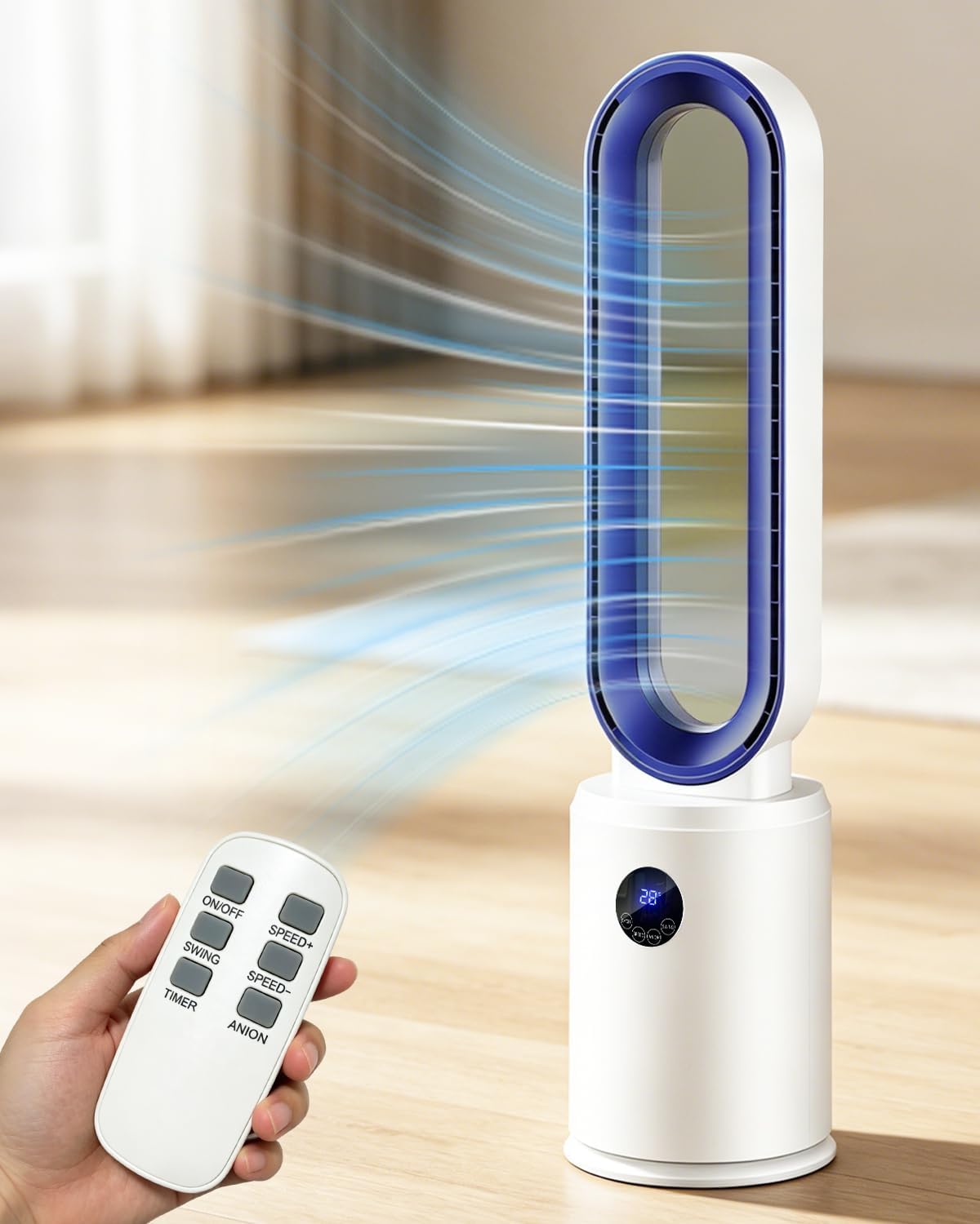 Rotorloser Ventilator, 24 Stufen Leiser Turmventilator Mit Fernbedienung & 12h Timer, Energiesparender DC-Motor, LED Display 60° Oszillierend Luftreinigung Für Schlafzimmer, Büro (Blau)