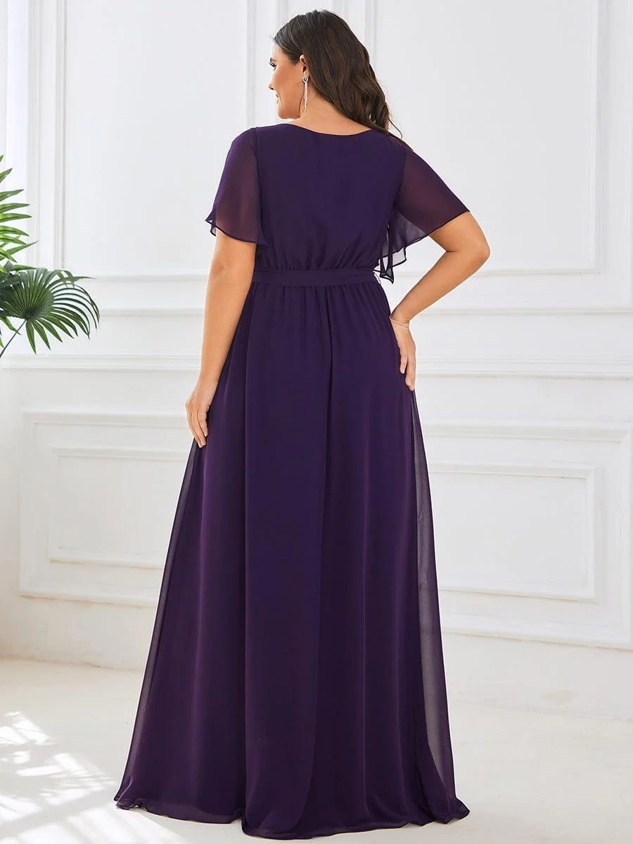 Abendkleid Damen Maxi A-Linie aus Chiffon | Festliches Kleid f��r Hochzeitsg?ste mit V-Ausschnitt und Fl��gel?rmeln