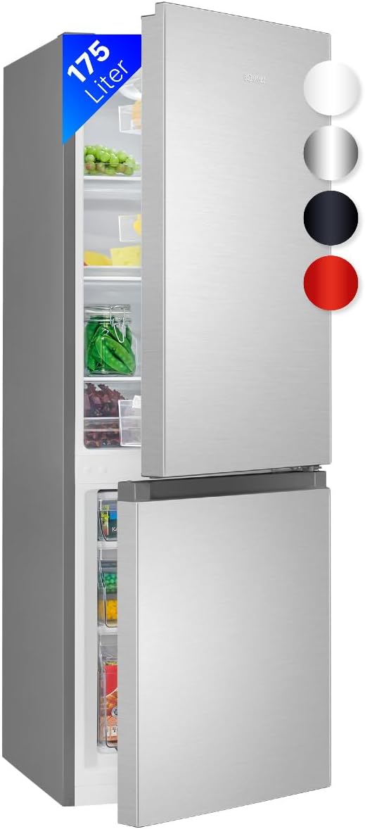 Bomann, KG320, Réfrigérateur et congélateur 175L, Contrôle de la température en continu, Charnières de porte à droite, interchangeables, Pieds réglables, Inox