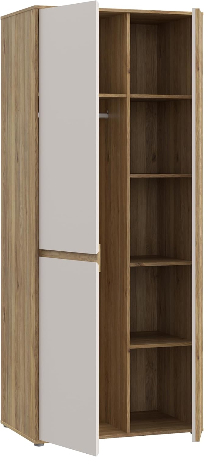 Forte ELISTON Kleiderschrank 80 90, moderner Kleiderschrank mit Lamellendesign, 2-türig, Holzwerkstoff, Schlafzimmer, Mauvella Eiche Holzdekor|Kashmir Beige, 84 cm breit x 200,1 cm hoch x 54 cm tief