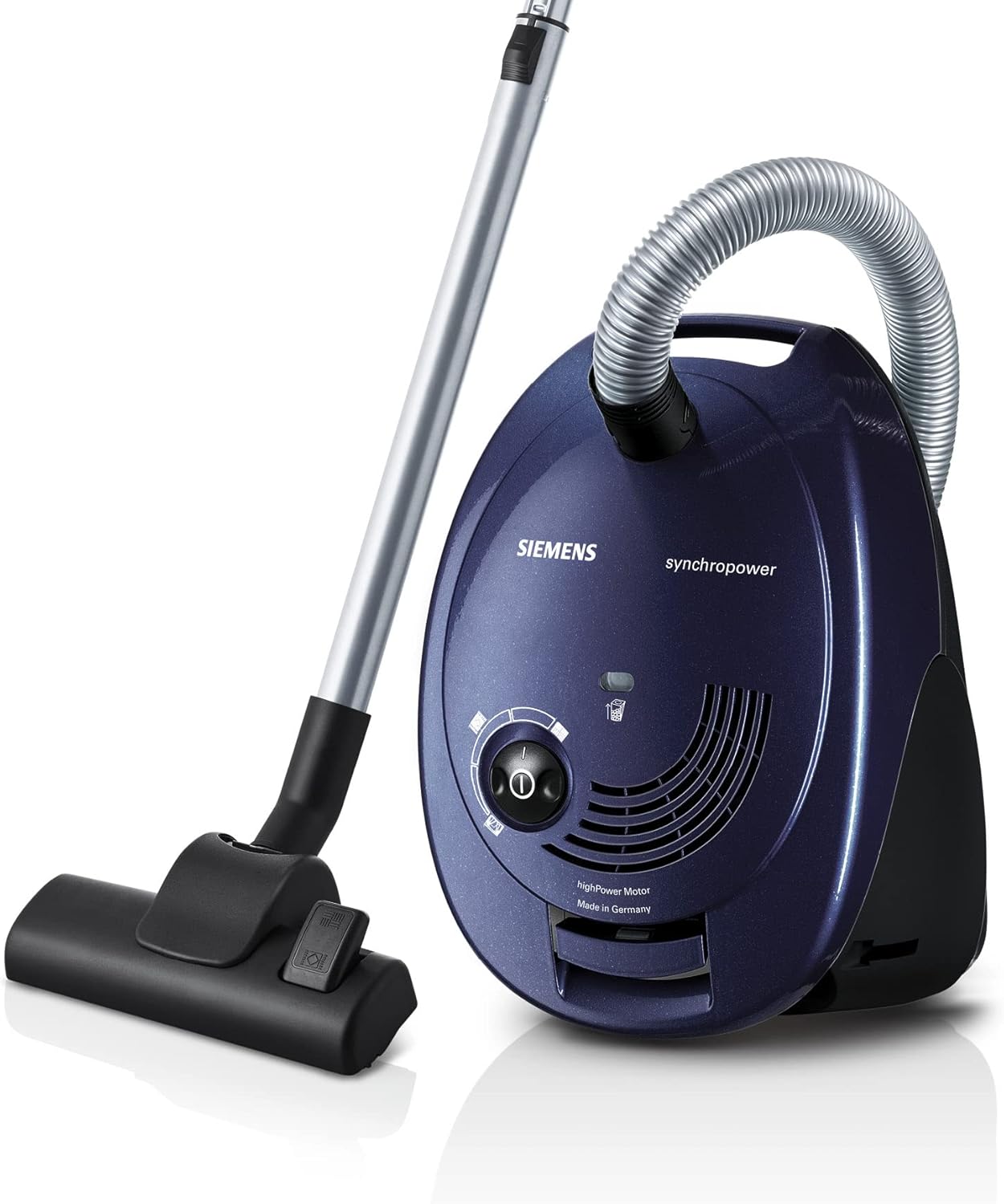 Siemens Staubsauger mit Beutel synchropower VS06A111, Bodenstaubsauger, Hygiene-Filter, Bodendüse für Hartboden und Teppich, starke Saugleistung, langes Kabel, Fugendüse, 600 W, blau