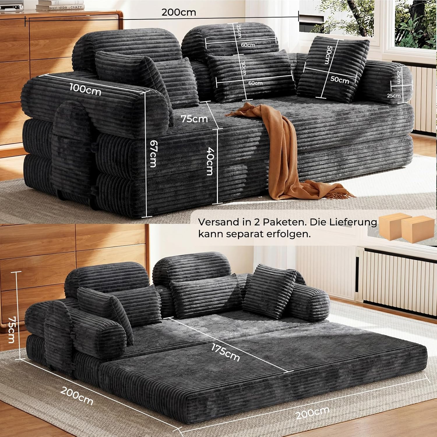 HOMRELEXA Schlafsofa 200cm Breit, Boneless Couch, Bodensofa Bed mit Hohe Rückenlehne, Abnehmbare Integrierte Kopf- und Lendenstütze, 2 Zierkissen, Seitentasche, Cord Sofa mit schlaffunktion, Grau | Hohe Rückenlehne, 2 Zierkissen, Abnehmbare Armlehnen