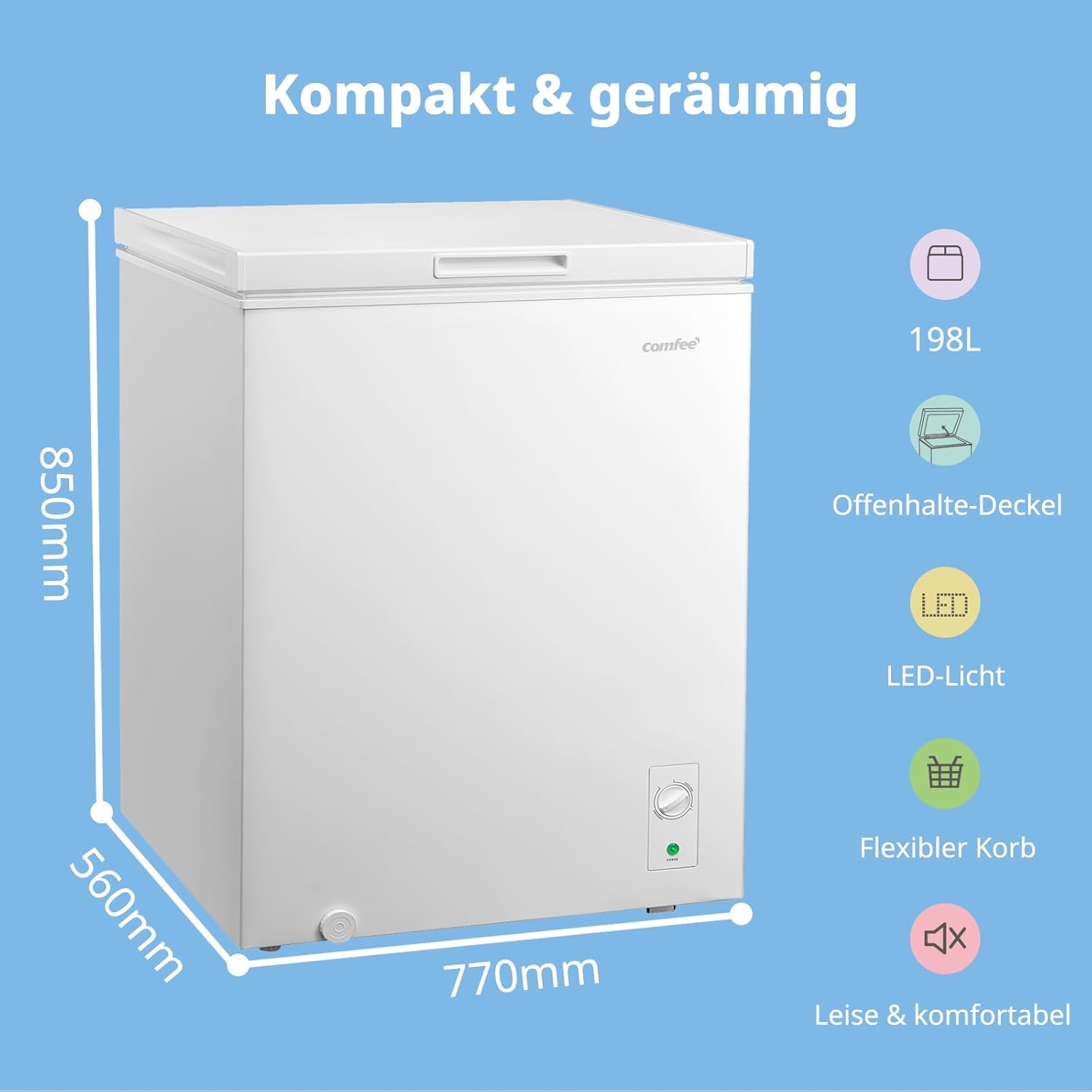 Comfee 198L Gefriertruhe, leise 37 dB, 4-Sterne-Gefrieren, Kühl-/Gefrier-Konvertierung (1–10°C / -24––12°C), 24‑h‑Schnellgefrierung 9kg, Energiesparender Inverter-Kompressor, Aluminium-Innenraum