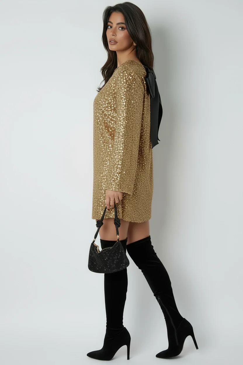 Glitzerndes Mini-Kleid mit Pailletten & Satinschleife