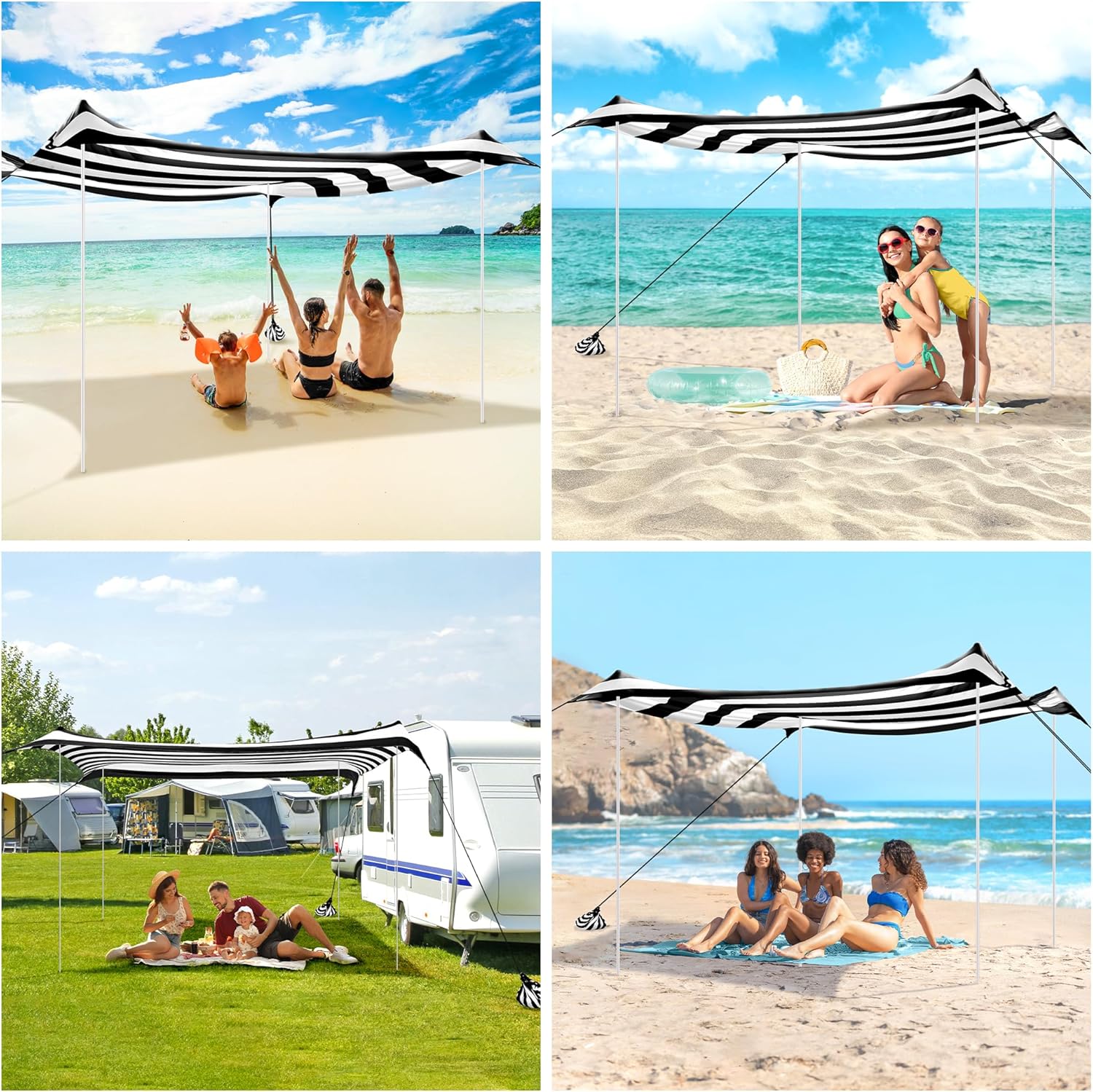 Strandzelt, Strandüberdachung, Sonnenschutz, UPF 50+, tragbarer 3 × 3 m, Camping-Sonnenschutz mit Sandsäcken, Stangen, Heringen und Anti-Wind-Seilen für Outdoor, Hinterhof, Picknicks, Angeln, Schwarz