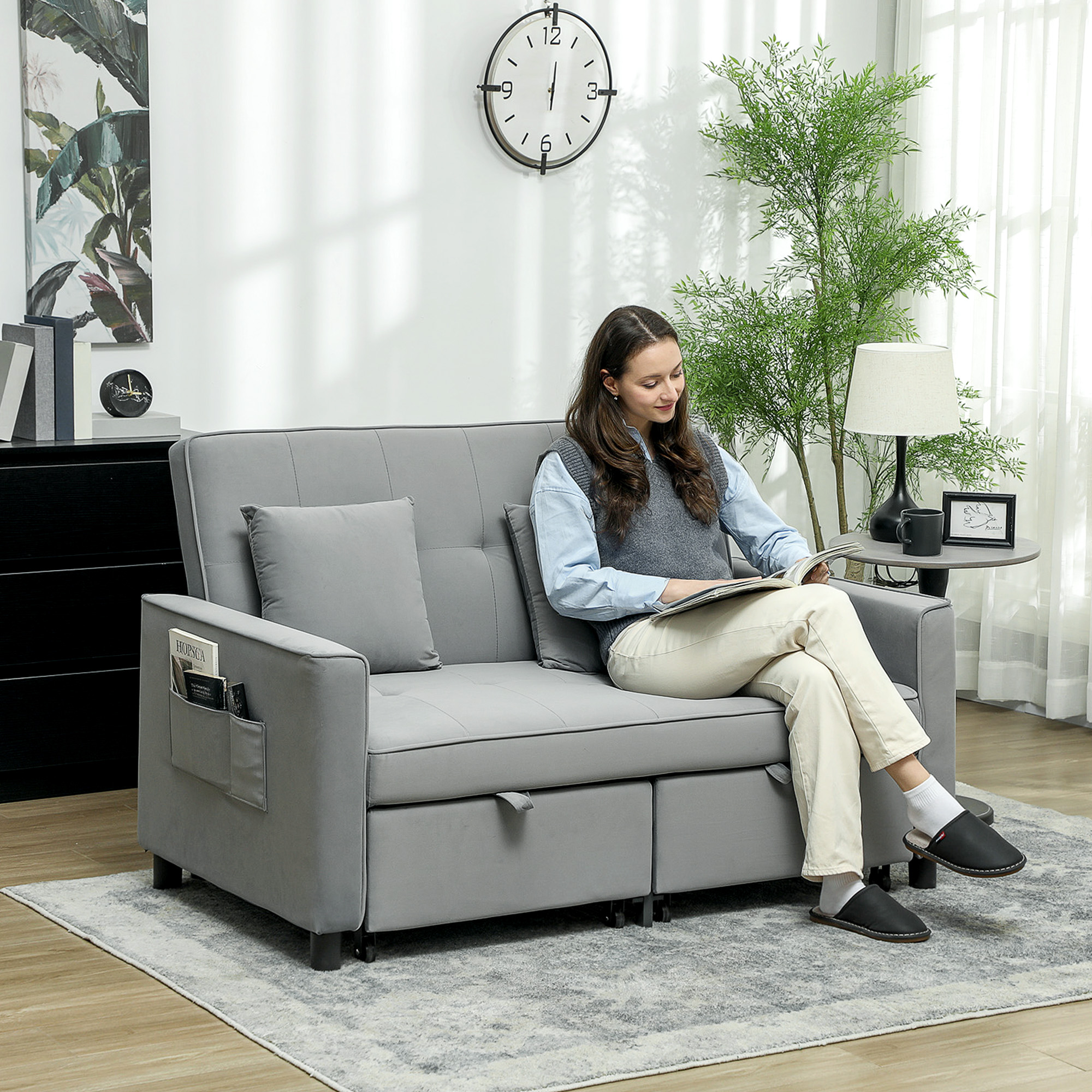 4-in-1 Sofa, Verstelbare Bank, Bedbank, met Kussens, Stoffen Bekleding, voor Woonkamer, Slaapkamer, Grijs