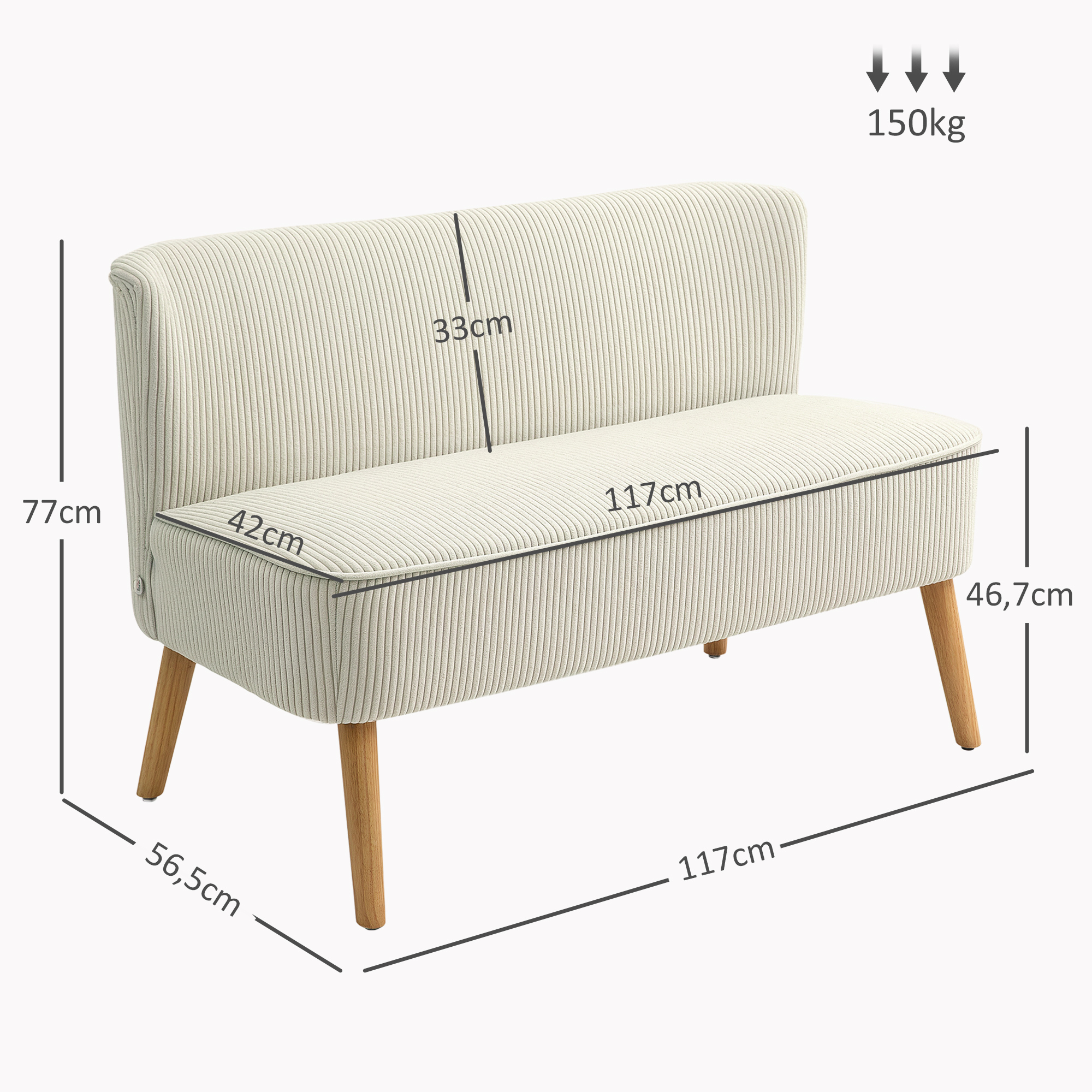 Tweezitsbank, Zachte Bekleding, Onderhoudsvriendelijk, Tot 150 kg Belastbaar, 117 x 56,5 x 77 cm, Cr��me Wit