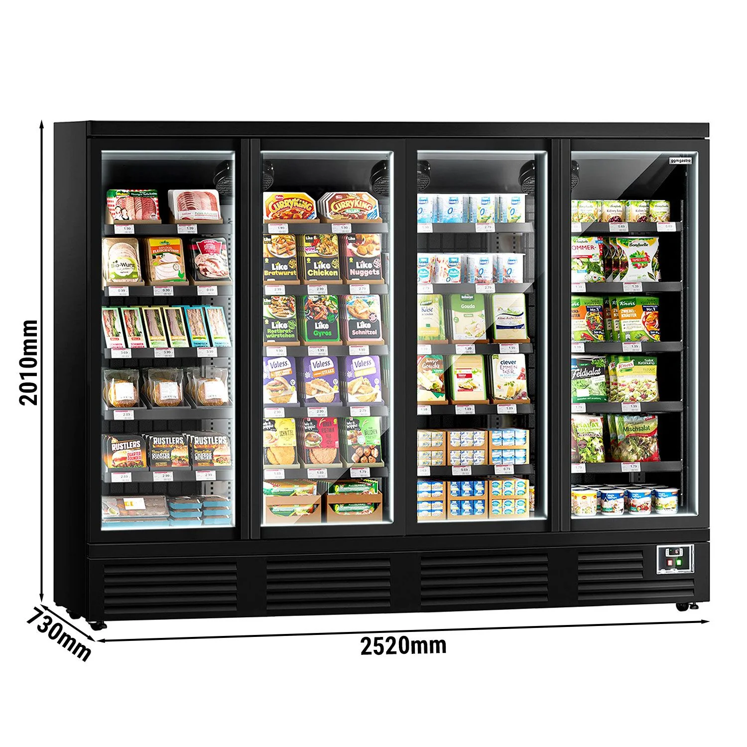 Kjølereol - 2520 mm - 1900 l - +2 °C til +8 °C - med 4 hengslede glassdører, med dobbelt isolerglass & 5 hyller - svart